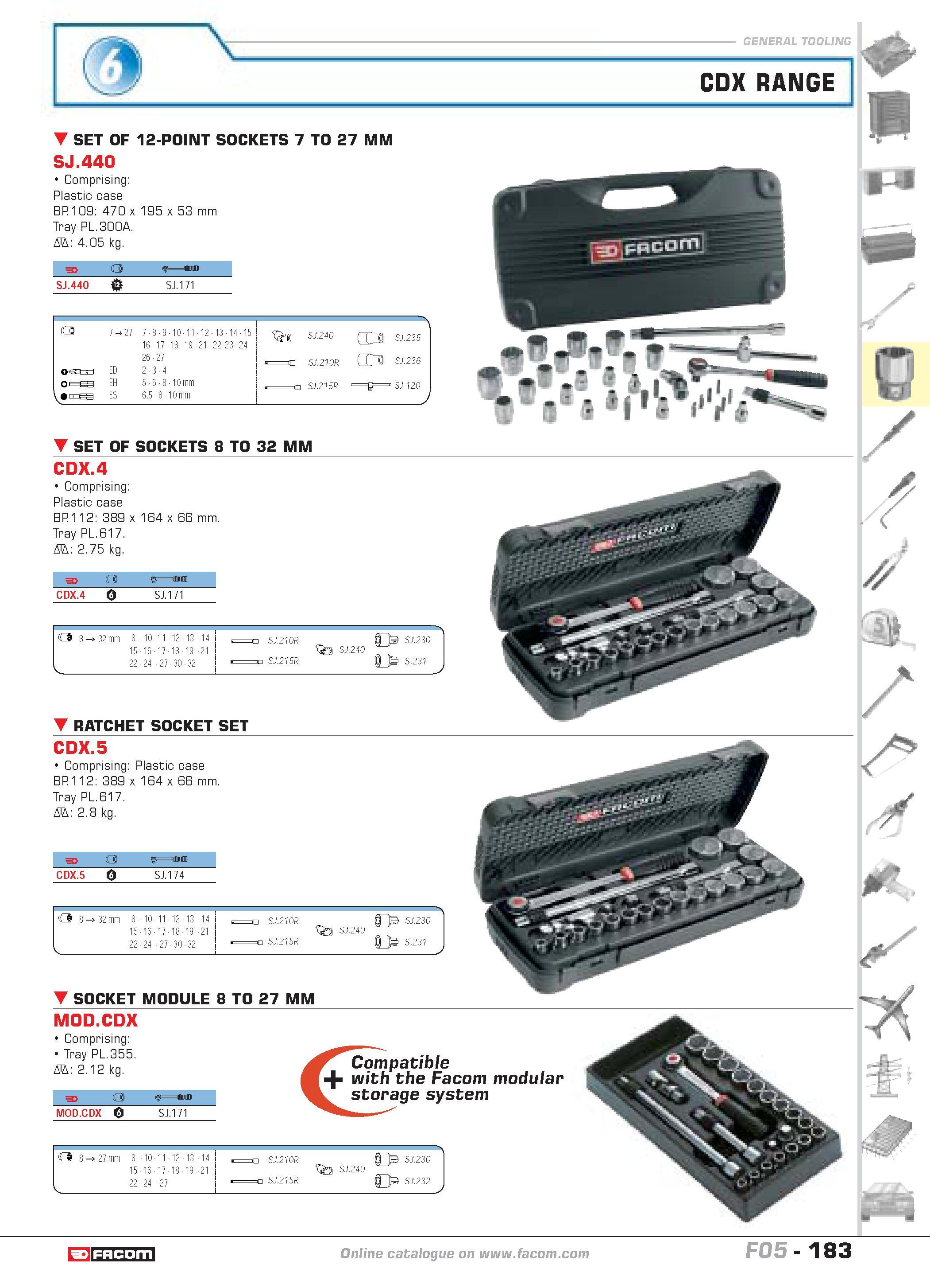 187 SET OF 12-POINT SOCKETS 7 TO 27 MM SJ 440 Comprising Plastic case BP 109 470 x 195 x 53 mm Tray PL 300A D 4 05 kg F O SJ 440 T SJ 171 O 7 M 27 7 Каталог FACOM 2005 Профессиональный ручной инструмент и специальное оборудование для предприятий и мастерских Стр. 183 ENG
