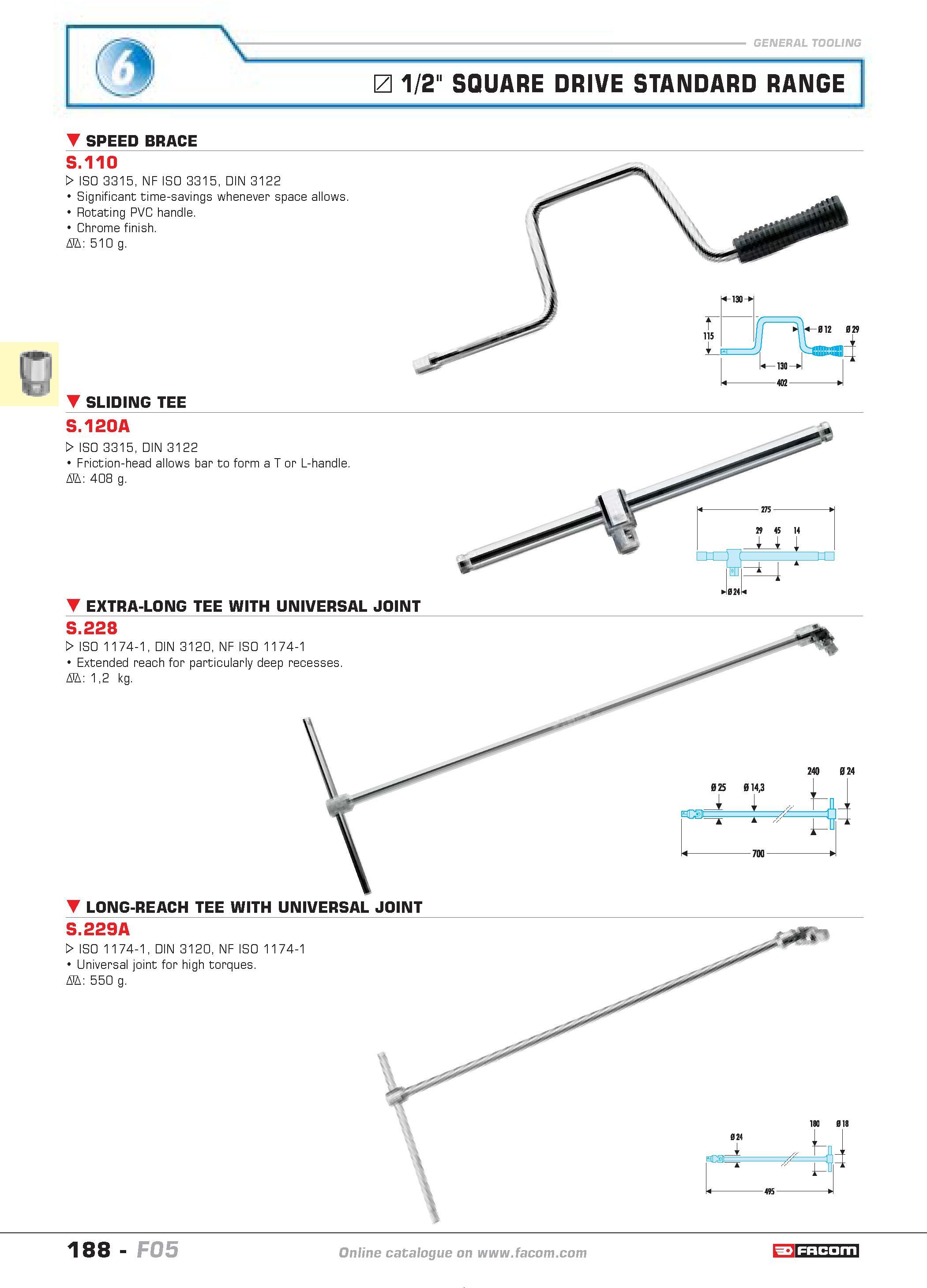 192 1/2 SQUARE DRIVE STANDARD RANGE SPEED BRACE S 110 W ISO 3315 NF ISO 3315 DIN 3122 Significant time-savings whenever space allows Rotating PVC han Каталог FACOM 2005 Профессиональный ручной инструмент и специальное оборудование для предприятий и мастерских Стр. 188 ENG