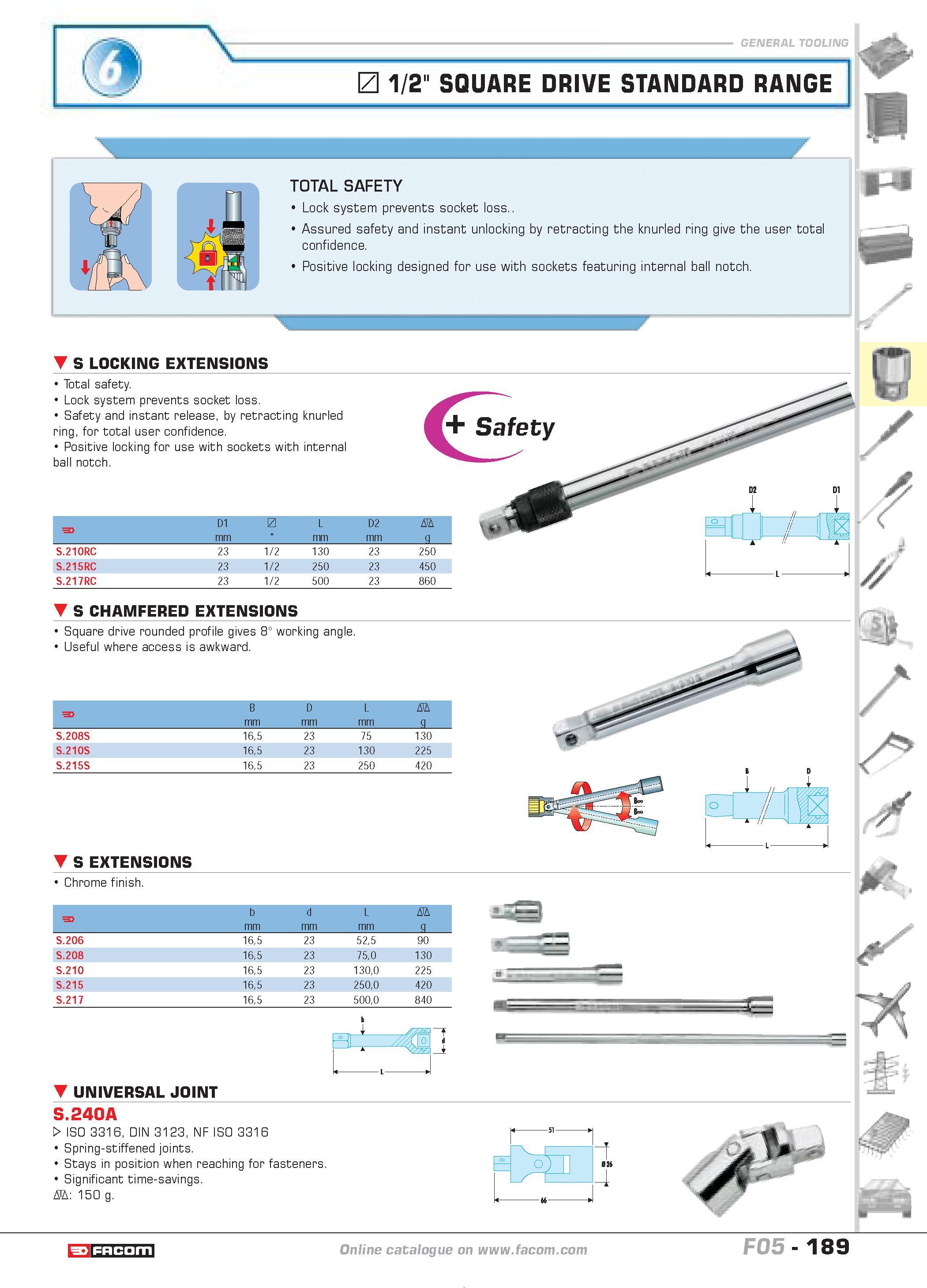 193 1/2 SQUARE DRIVE STANDARD RANGE TOTAL SAFETY Lock system prevents socket loss Assured safety and instant unlocking by retracting the knurled ring Каталог FACOM 2005 Профессиональный ручной инструмент и специальное оборудование для предприятий и мастерских Стр. 189 ENG