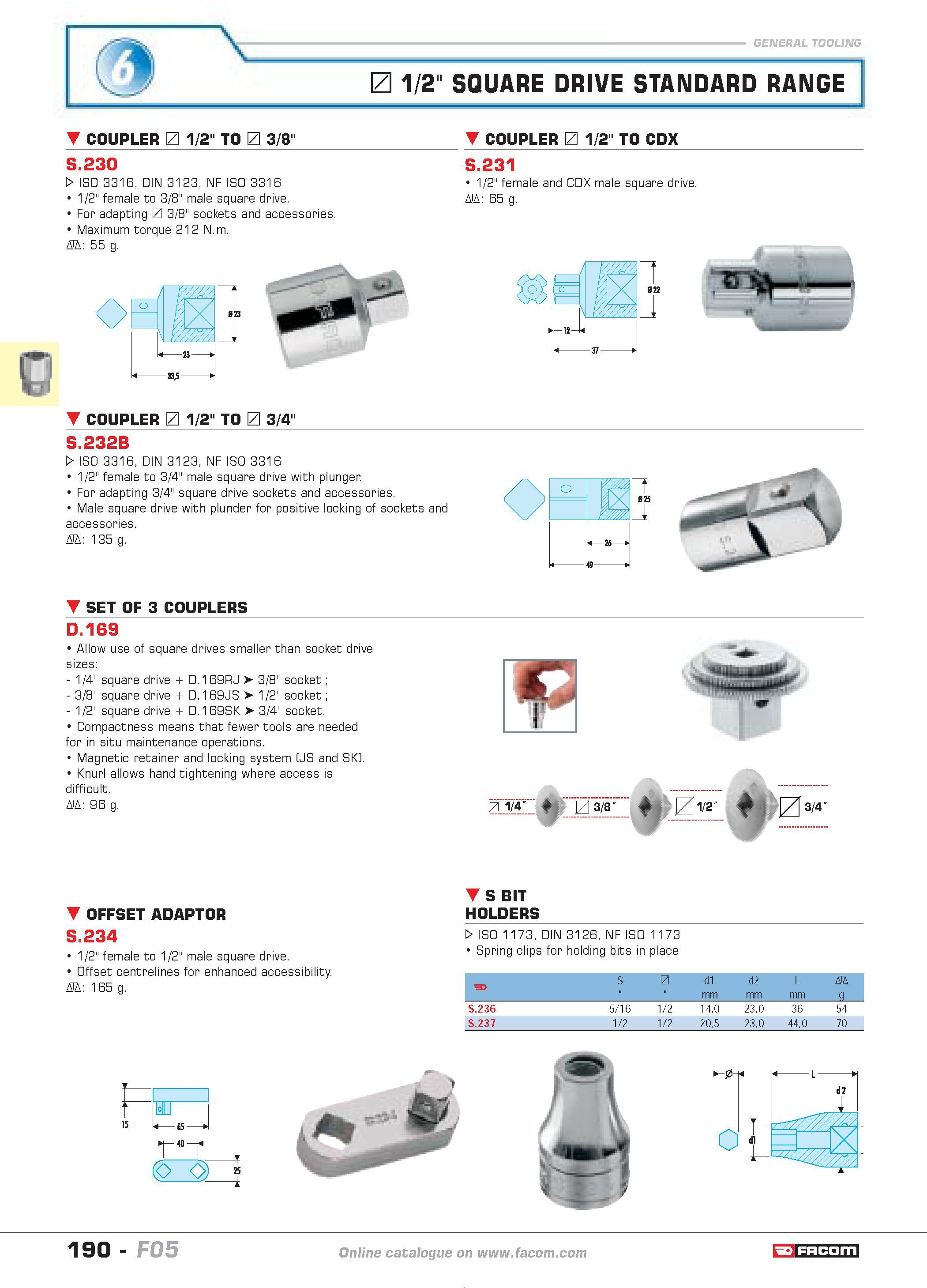 194 1/2 SQUARE DRIVE STANDARD RANGE COUPLER 1/2 TO L 3/8 COUPLER 1/2 TO CDX S 230 W ISO 3316 DIN 3123 NF ISO 3316 1/2 female to 3/8 male square drive Каталог FACOM 2005 Профессиональный ручной инструмент и специальное оборудование для предприятий и мастерских Стр. 190 ENG