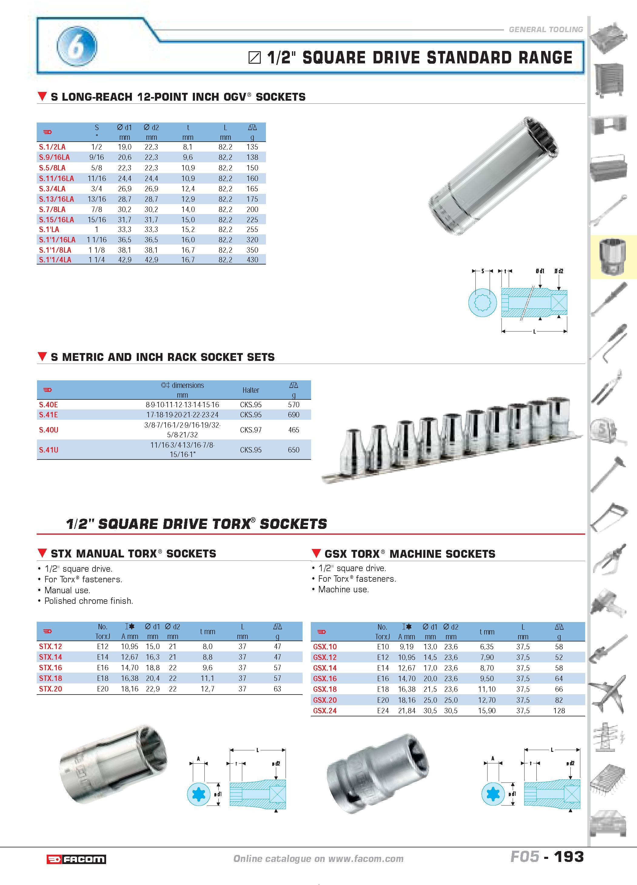 197 1/2 SQUARE DRIVE STANDARD RANGE S LONG-REACH 12-POINT INCH OGV SOCKETS F S 0 d1 mm 0 d2 mm L mm D g S 1 2LA 1 2 190 223 81 822 135 S 9 16LA 9 16 Каталог FACOM 2005 Профессиональный ручной инструмент и специальное оборудование для предприятий и мастерских Стр. 193 ENG