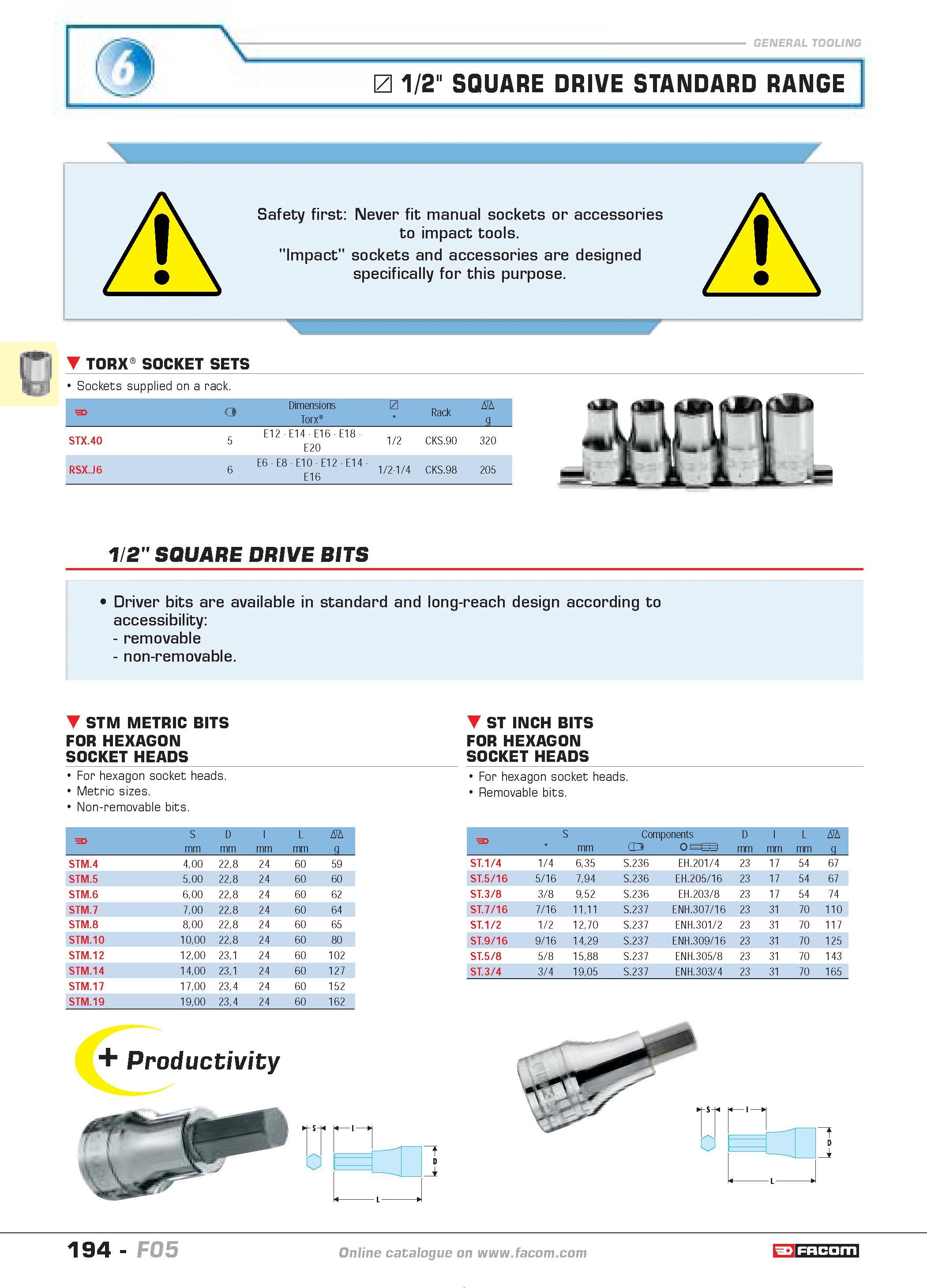 198 1/2 SQUARE DRIVE STANDARD RANGE Safety first Never fit manual sockets or accessories to impact tools Impact sockets and accessories are designed Каталог FACOM 2005 Профессиональный ручной инструмент и специальное оборудование для предприятий и мастерских Стр. 194 ENG