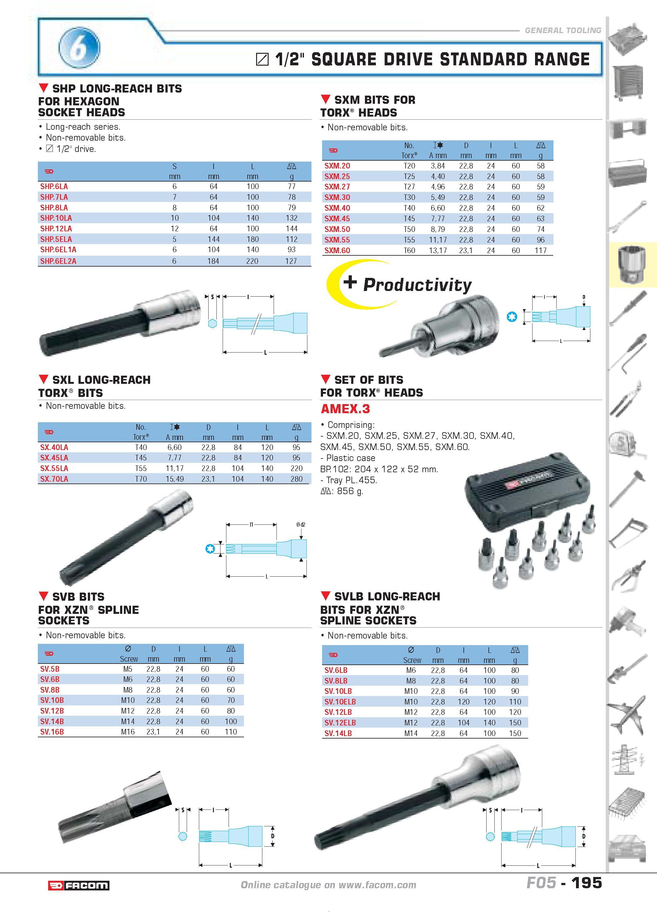 199 1/2 SQUARE DRIVE STANDARD RANGE SHP LONG-REACH BITS FOR HEXAGON SOCKET HEADS Long-reach series Non-removable bits 1/2 drive SXM BITS FOR TORX HEA Каталог FACOM 2005 Профессиональный ручной инструмент и специальное оборудование для предприятий и мастерских Стр. 195 ENG