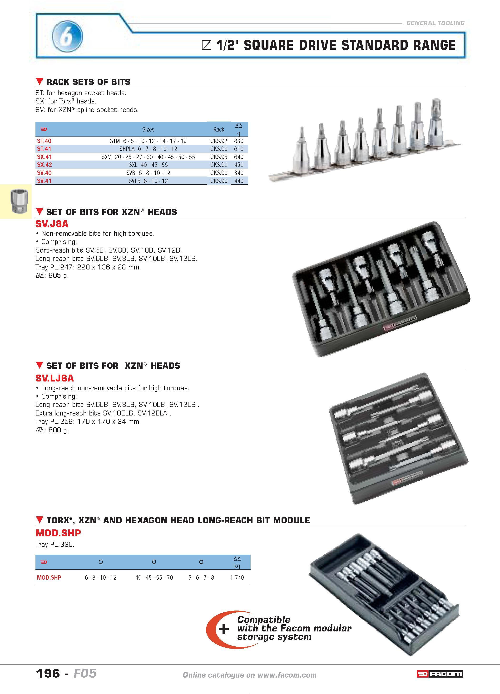 200 1/2 SQUARE DRIVE STANDARD RANGE RACK SETS OF BITS ST for hexagon socket heads SX for Torx heads SV for XZN spline socket heads G F Sizes Rack D g Каталог FACOM 2005 Профессиональный ручной инструмент и специальное оборудование для предприятий и мастерских Стр. 196 ENG