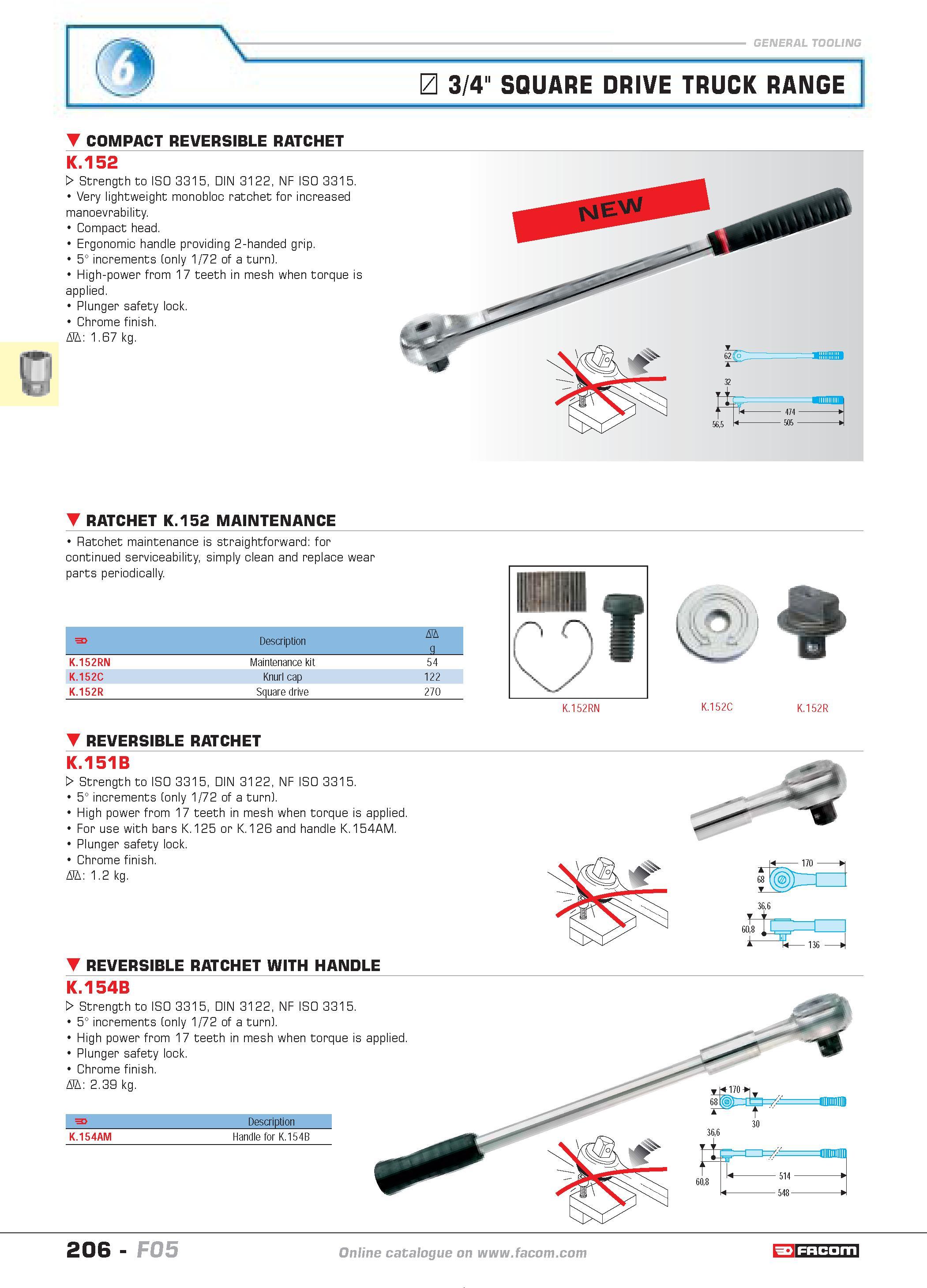 210 3/4 SQUARE DRIVE TRUCK RANGE G COMPACT REVERSIBLE RATCHET K 152 W Strength to ISO 3315 DIN 3122 NF ISO 3315 Very lightweight monobloc ratchet for Каталог FACOM 2005 Профессиональный ручной инструмент и специальное оборудование для предприятий и мастерских Стр. 206 ENG