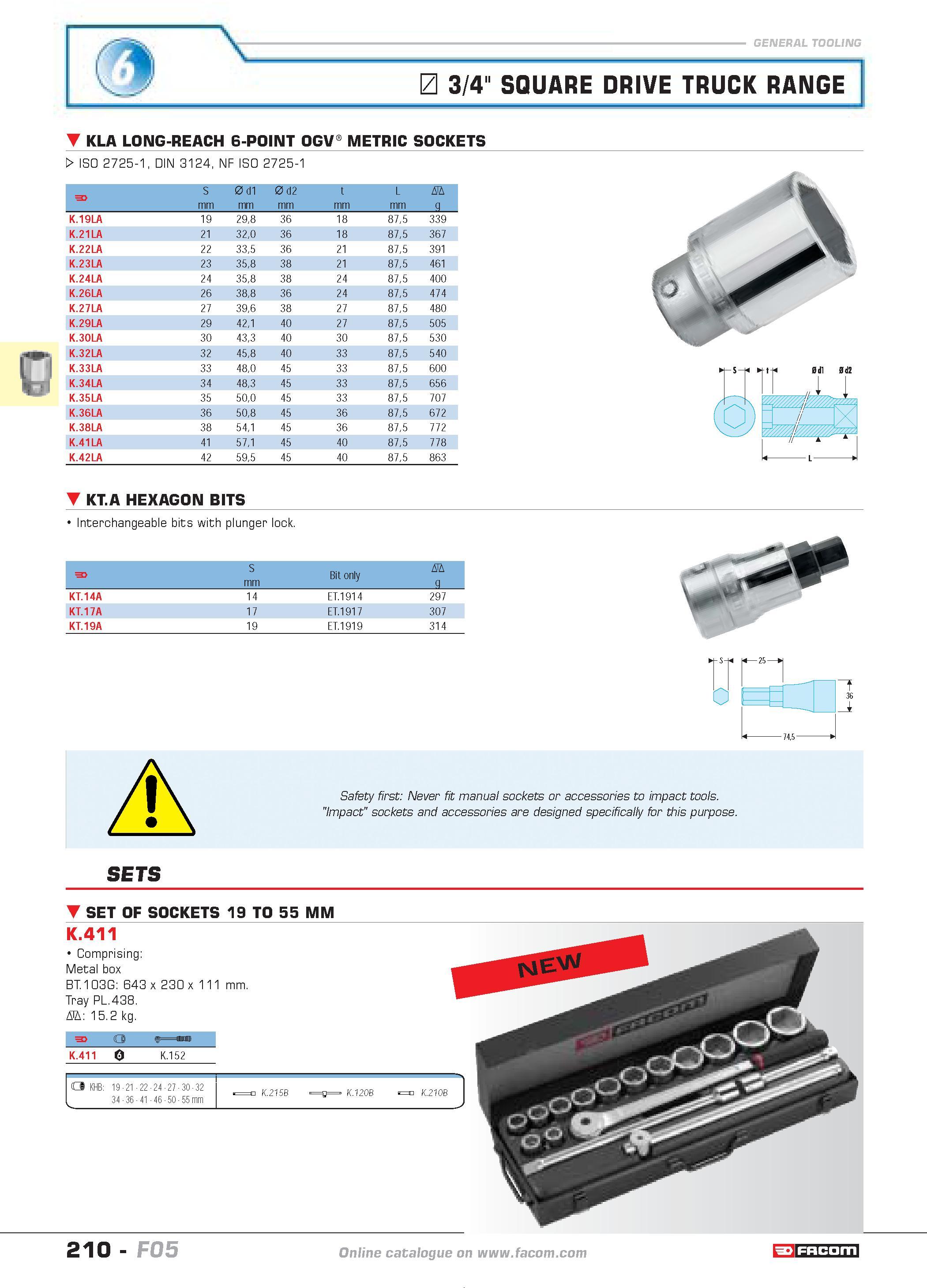 214 3/4 SQUARE DRIVE TRUCK RANGE KLA LONG-REACH 6-POINT OGV0 METRIC SOCKETS W ISO 2725-1 DIN 3124 NF ISO 2725-1 F S mm 0 d1 mm 0 d2 mm t mm L mm D g Каталог FACOM 2005 Профессиональный ручной инструмент и специальное оборудование для предприятий и мастерских Стр. 210 ENG