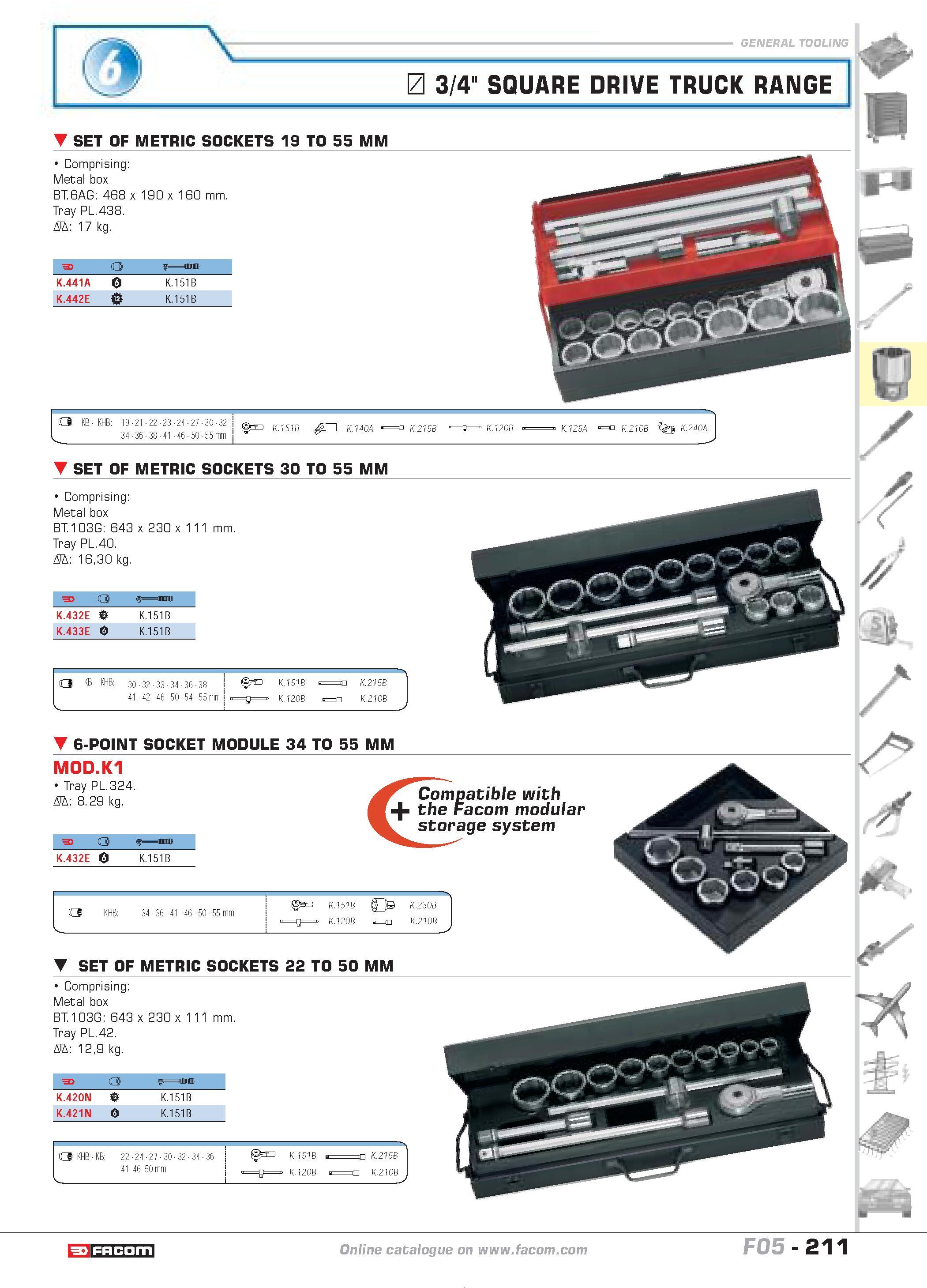 215 Comprising Metal box BT 103G 643 x 230 x 111 mm Tray PL 40 D 16 30 kg F o K 432E t K 151B K 433E u K 151B 6-POINT SOCKET MODULE 34 TO 55 MM MOD K Каталог FACOM 2005 Профессиональный ручной инструмент и специальное оборудование для предприятий и мастерских Стр. 211 ENG