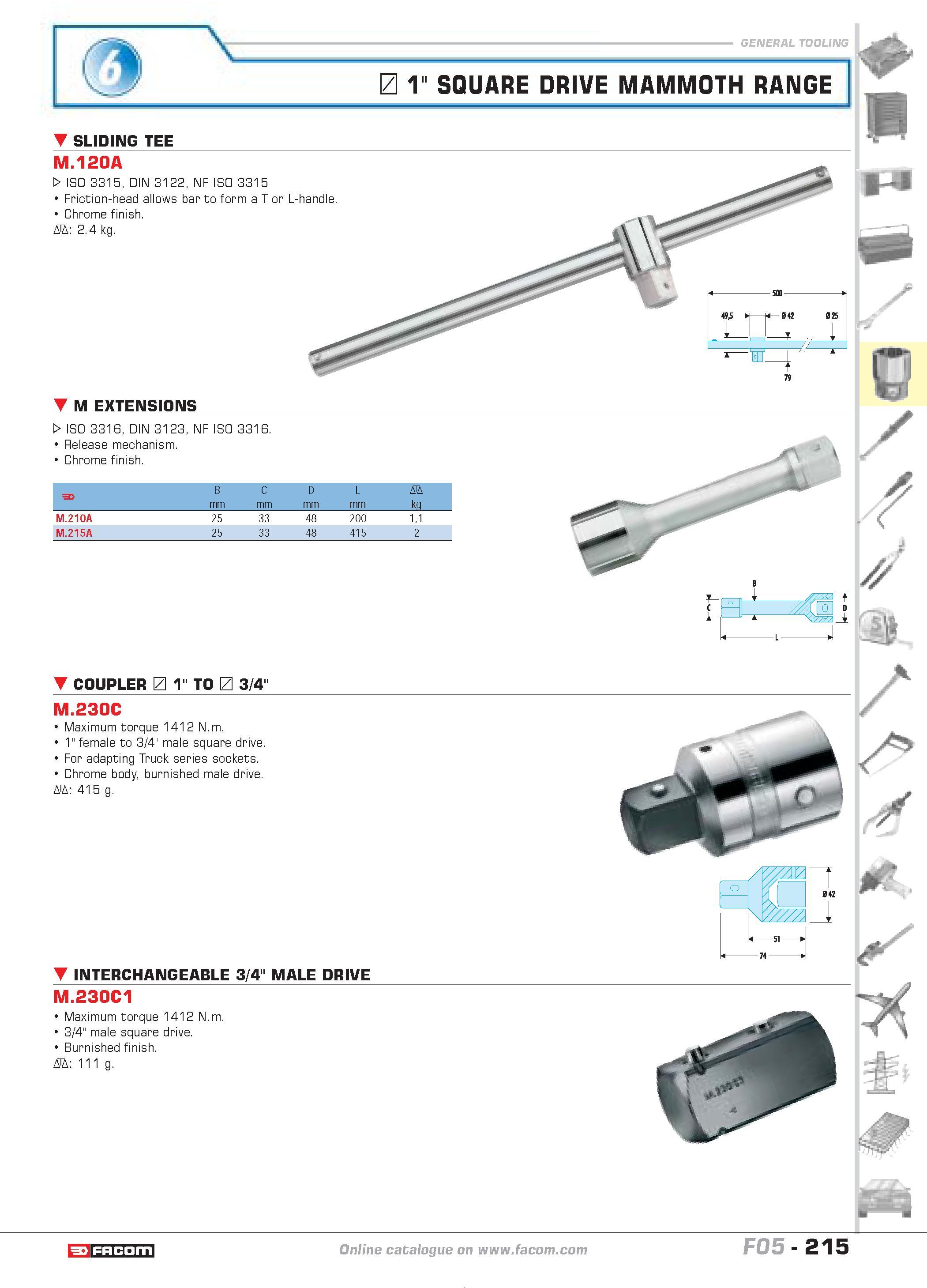 219 1 SQUARE DRIVE MAMMOTH RANGE SLIDING TEE M 120A W ISO 3315 DIN 3122 NF ISO 3315 Friction-head allows bar to form a T or L-handle Chrome finish D Каталог FACOM 2005 Профессиональный ручной инструмент и специальное оборудование для предприятий и мастерских Стр. 215 ENG