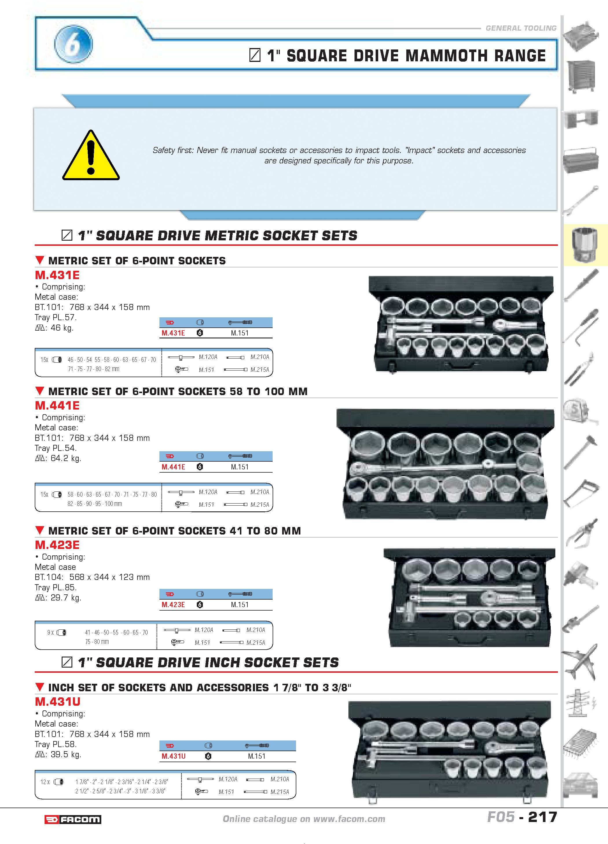 221 L 1 SQUARE DRIVE MAMMOTH RANGE Safety first Never fit manual sockets or accessories to impact tools Impact sockets and accessories are designed s Каталог FACOM 2005 Профессиональный ручной инструмент и специальное оборудование для предприятий и мастерских Стр. 217 ENG