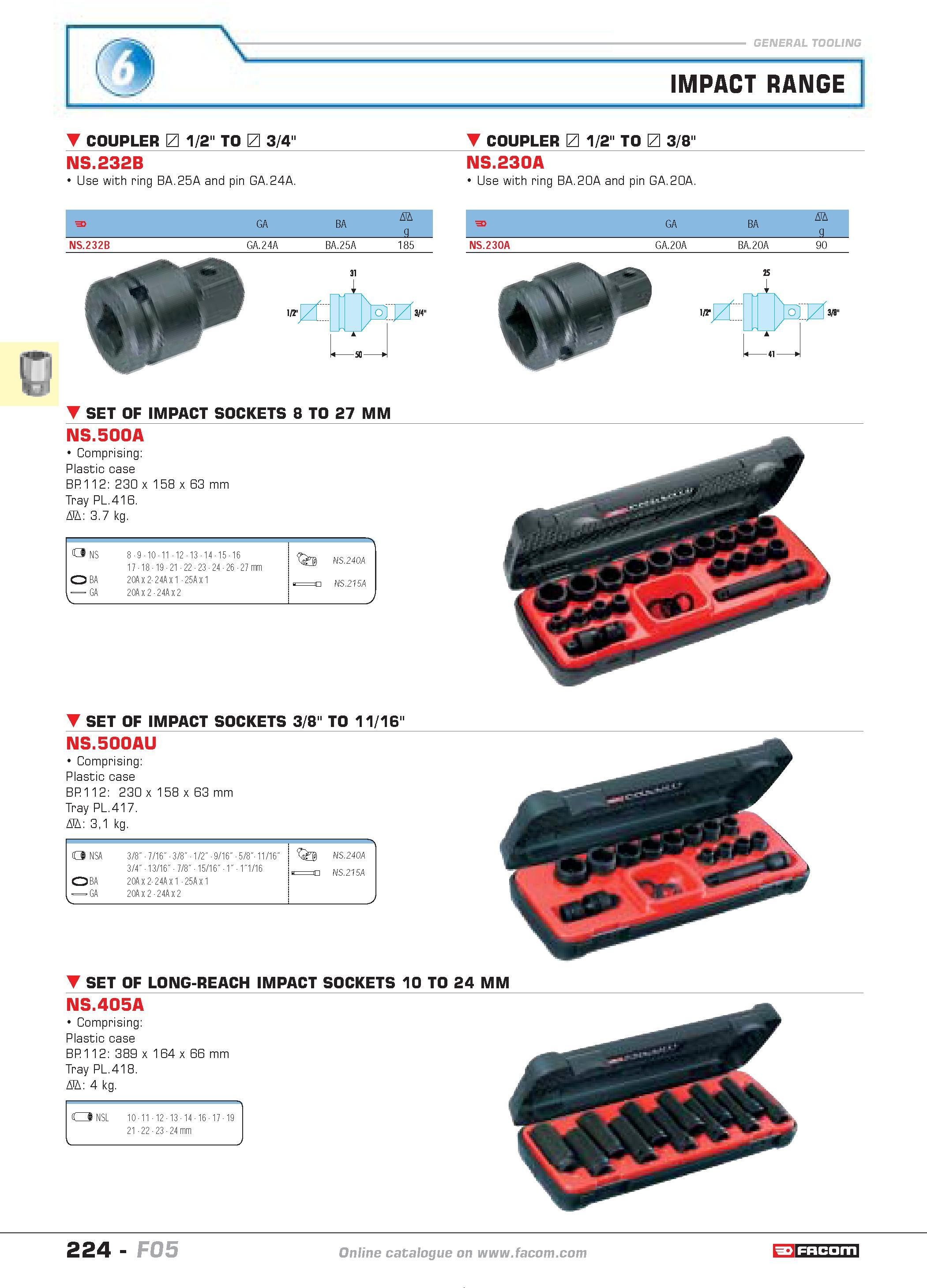 228 IMPACT RANGE COUPLER 1/2 TO 3/4 COUPLER 1/2 TO L 3/8 NS 232B Use with ring BA 25A and pin GA 24A NS 230A Use with ring BA 20A and pin GA 20A F GA Каталог FACOM 2005 Профессиональный ручной инструмент и специальное оборудование для предприятий и мастерских Стр. 224 ENG