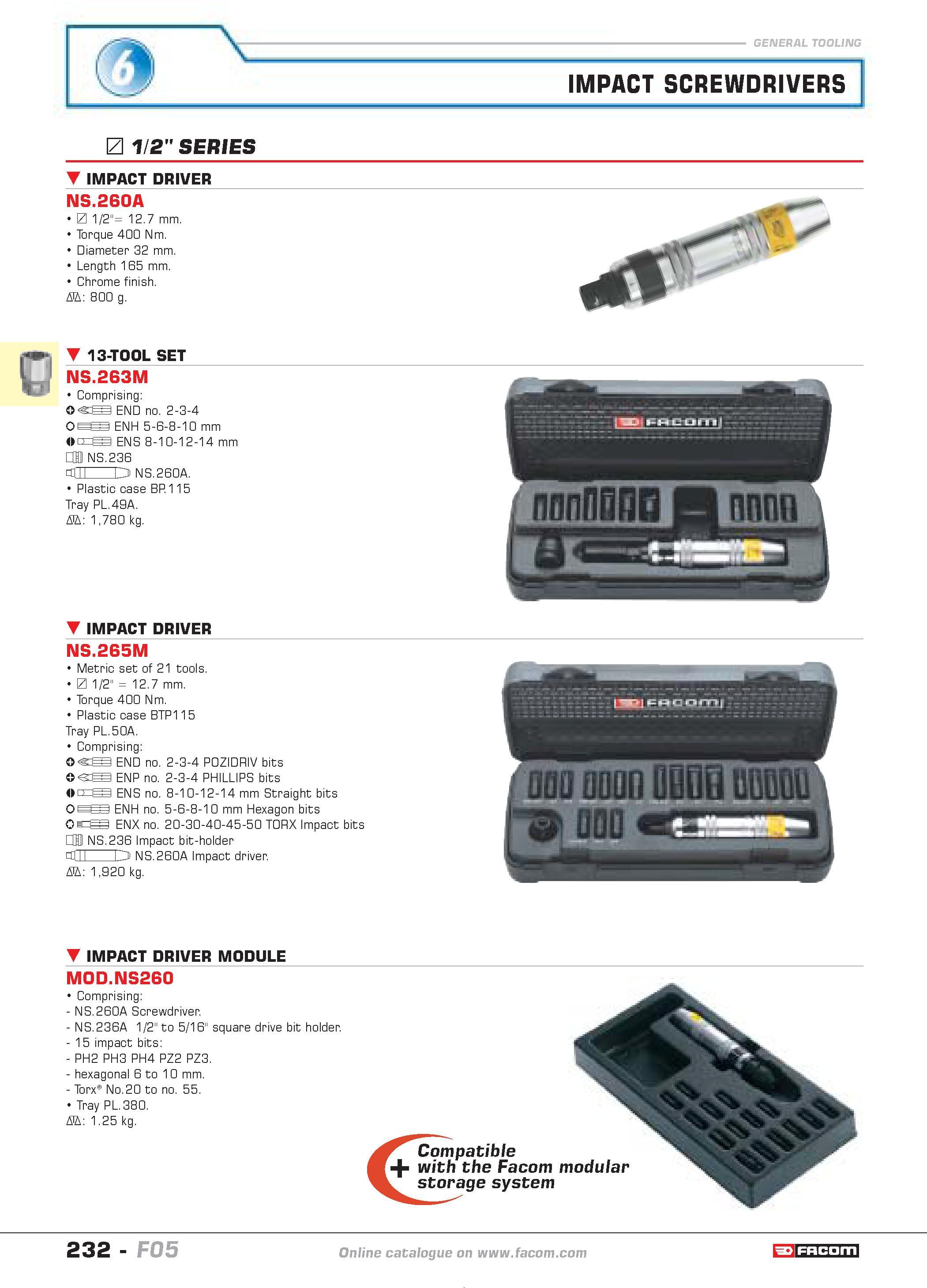 236 IMPACT SCREWDRIVERS 1/2 SERIES IMPACT DRIVER 0 NS 260A 1/2 12 7 mm Torque 400 Nm Diameter 32 mm Length 165 mm Chrome finish D 800 g 13-TOOL SET N Каталог FACOM 2005 Профессиональный ручной инструмент и специальное оборудование для предприятий и мастерских Стр. 232 ENG