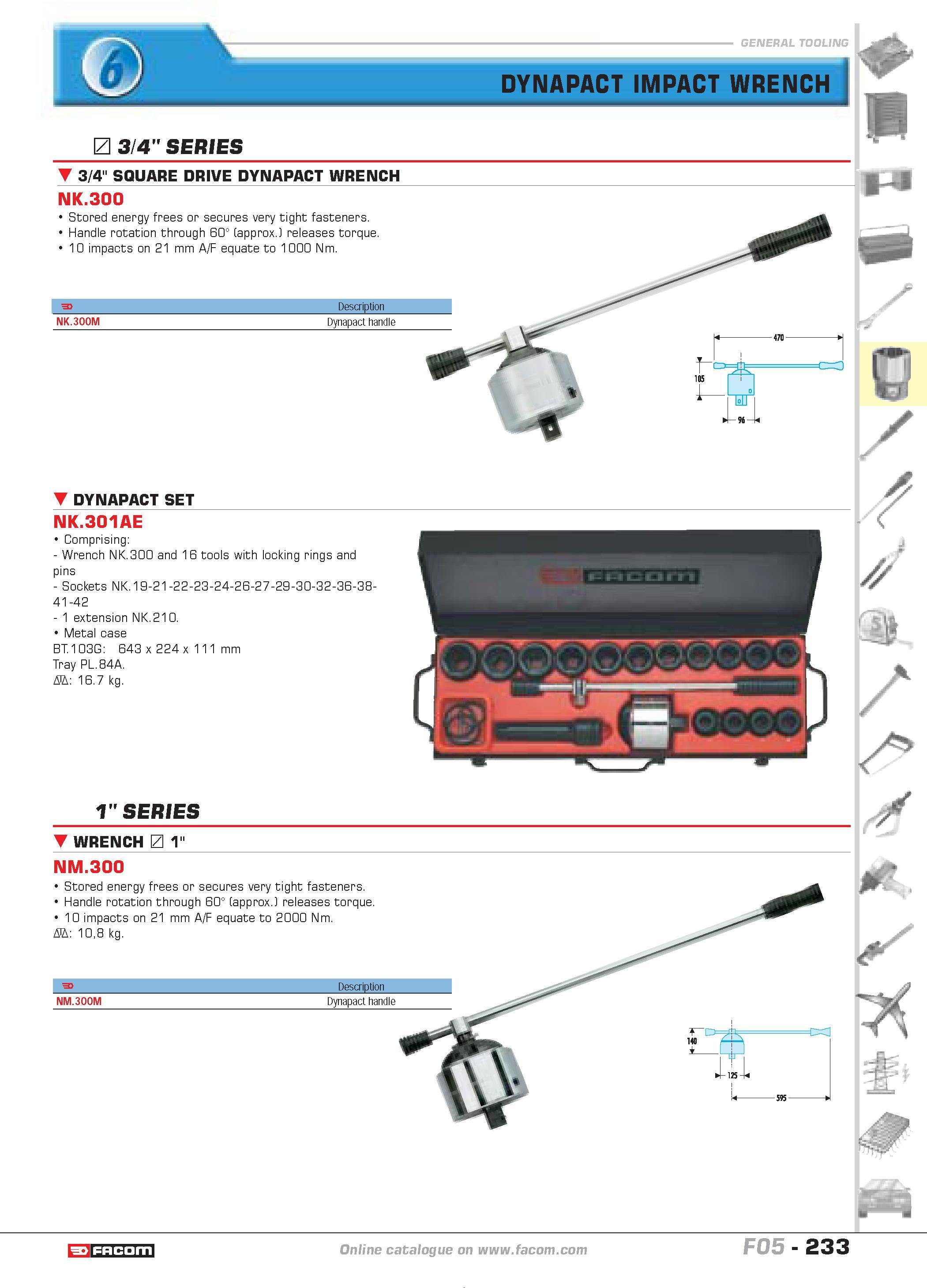 237 DYNAPACT IMPACT WRENCH & 3/4 SERIES 3/4 SQUARE DRIVE DYNAPACT WRENCH NK 300 Stored energy frees or secures very tight fasteners Handle rotation t Каталог FACOM 2005 Профессиональный ручной инструмент и специальное оборудование для предприятий и мастерских Стр. 233 ENG