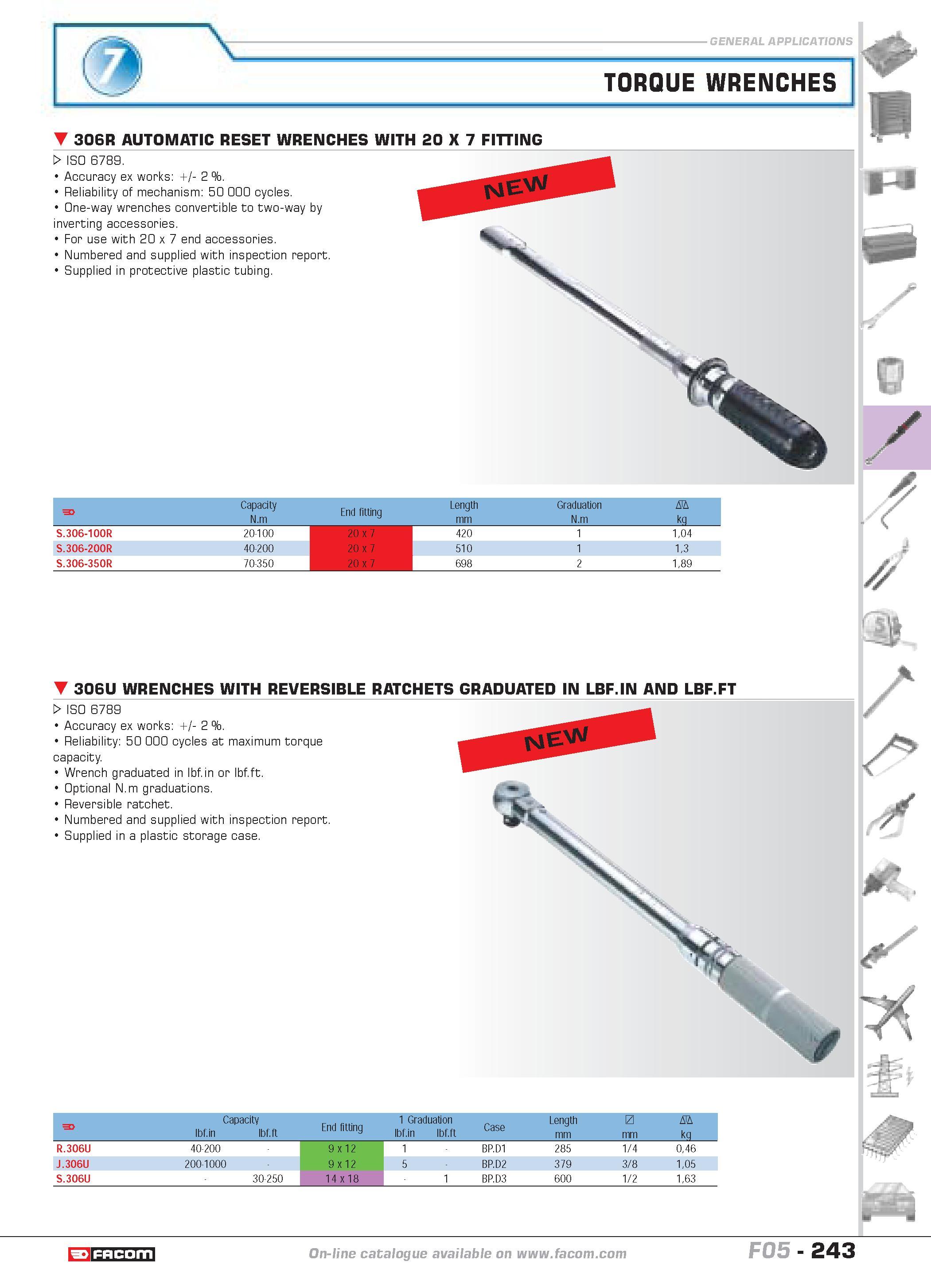 247 9 TORQUE WRENCHES 306R AUTOMATIC RESET WRENCHES WITH 20 X 7 FITTING W ISO 6789 Accuracy ex works 2 % Reliability of mechanism 50 000 cycles One-w Каталог FACOM 2005 Профессиональный ручной инструмент и специальное оборудование для предприятий и мастерских Стр. 243 ENG