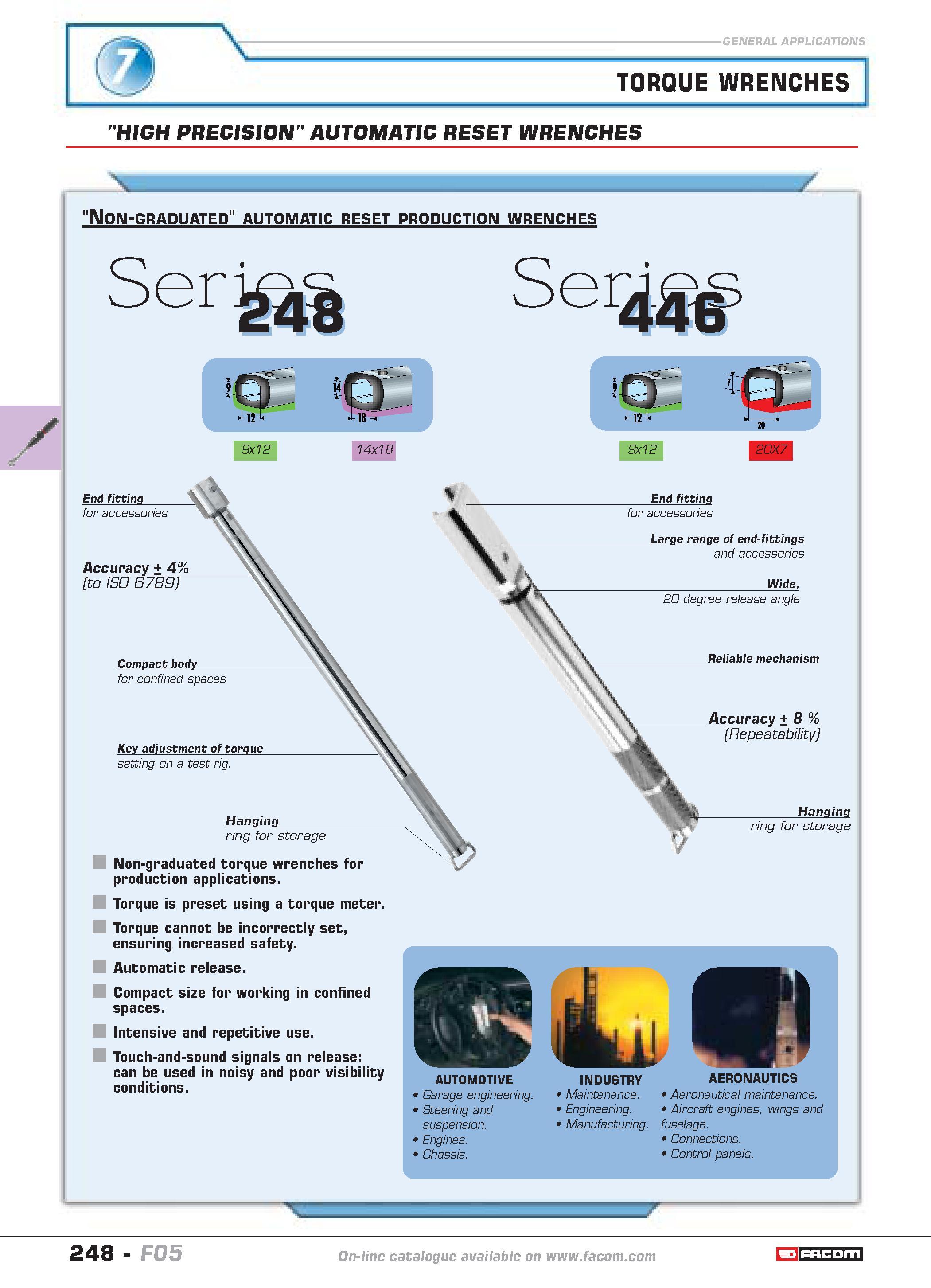 252 TORQUE WRENCHES HIGH PRECISION AUTOMATIC RESET WRENCHES Non-graduated automatic reset production wrenches Ser 446 9x12 14x18 9x12 20X7 production Каталог FACOM 2005 Профессиональный ручной инструмент и специальное оборудование для предприятий и мастерских Стр. 248 ENG