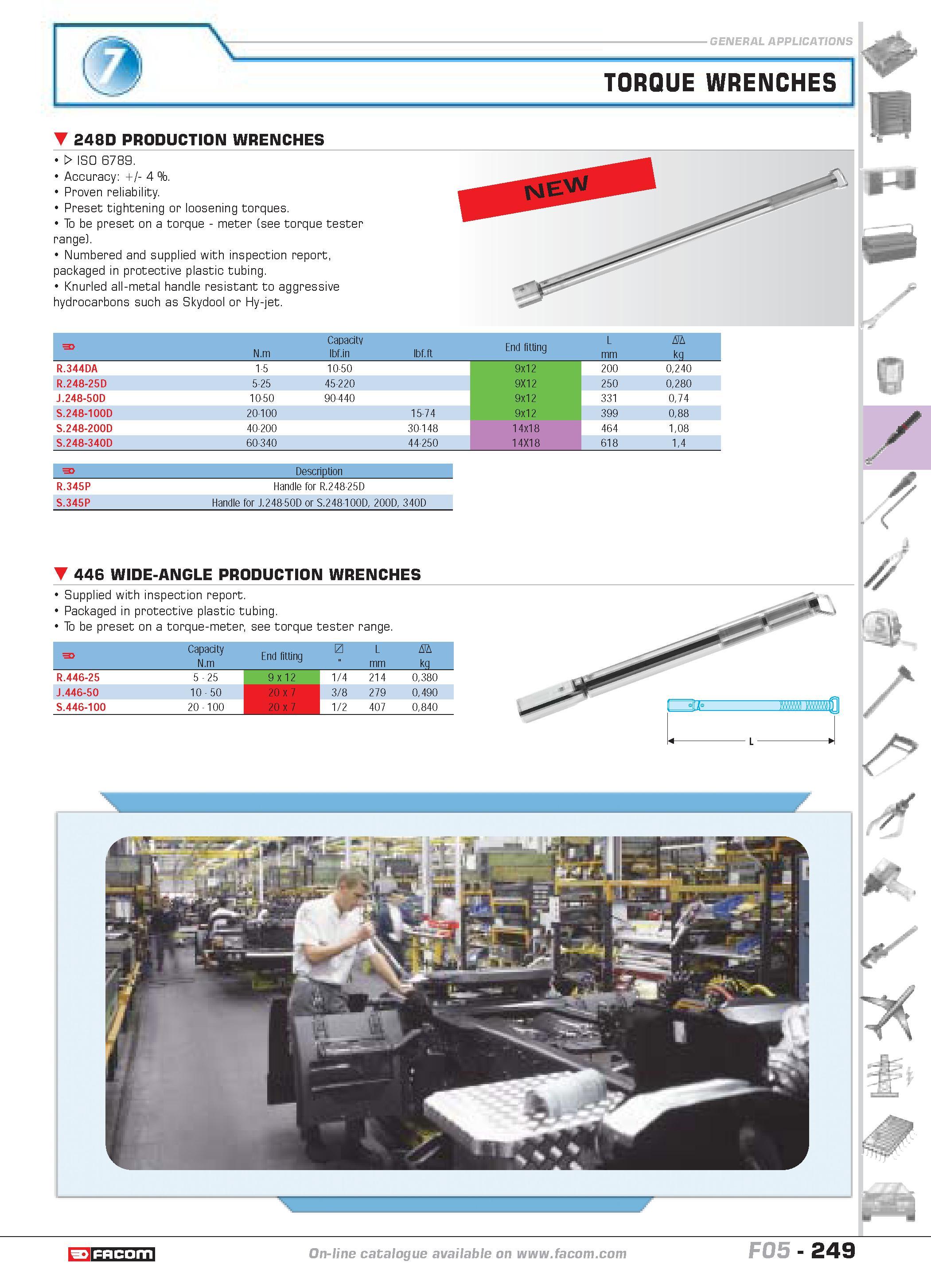 253 TORQUE WRENCHES 248D PRODUCTION WRENCHES W ISO 6789 Accuracy 4 % Proven reliability Preset tightening or loosening torques To be preset on a torq Каталог FACOM 2005 Профессиональный ручной инструмент и специальное оборудование для предприятий и мастерских Стр. 249 ENG