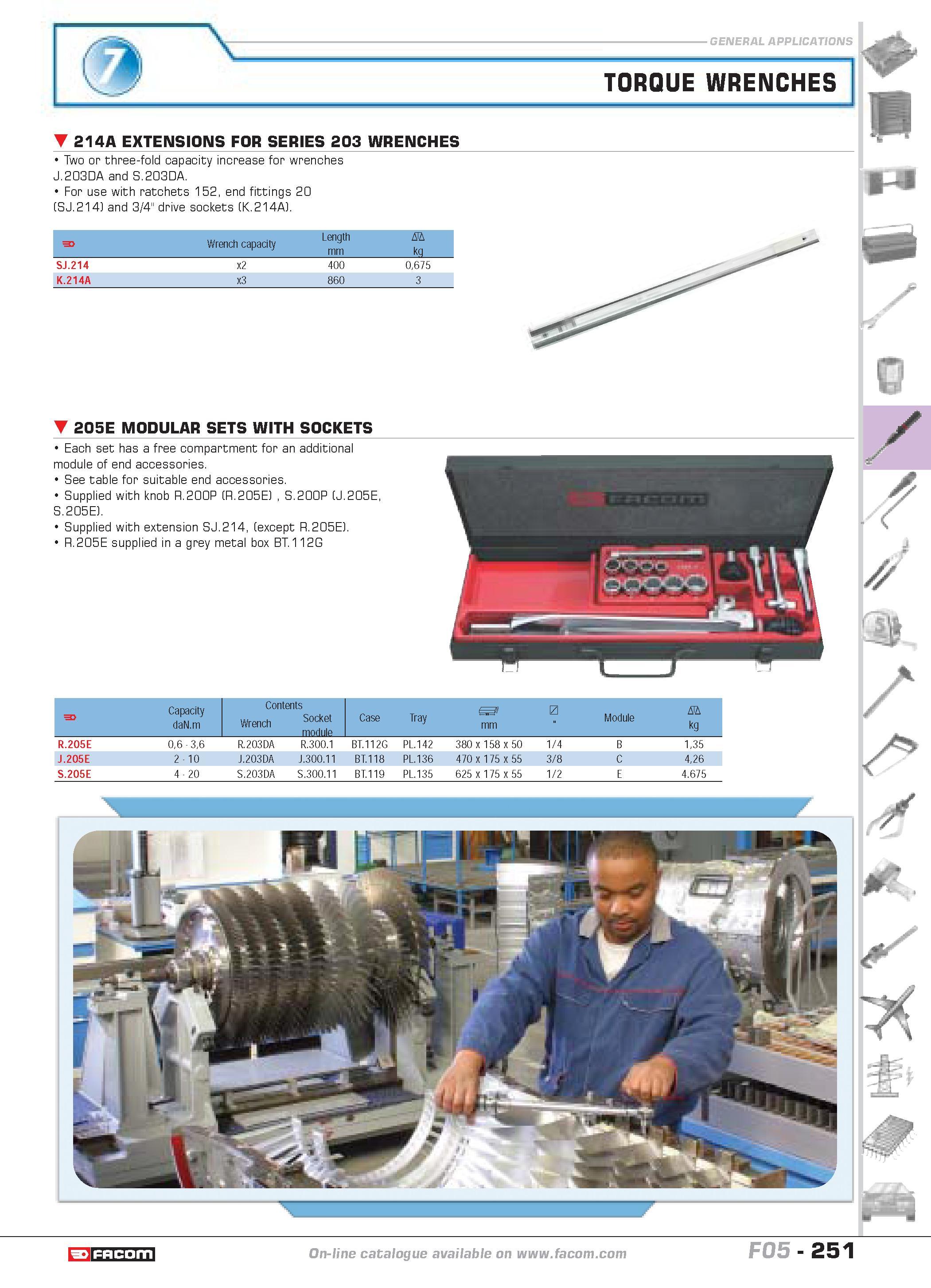 255 TORQUE WRENCHES 214A EXTENSIONS FOR SERIES 203 WRENCHES Two or three-fold capacity increase for wrenches J 203DA and S 203DA For use with ratchet Каталог FACOM 2005 Профессиональный ручной инструмент и специальное оборудование для предприятий и мастерских Стр. 251 ENG