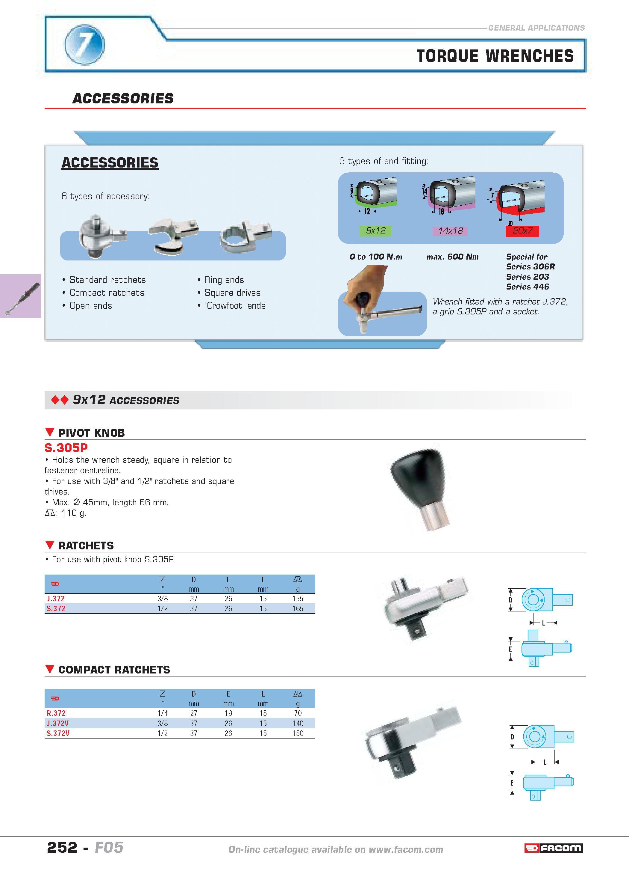 256 TORQUE WRENCHES ACCESSORIES ACCESSORIES 6 types of accessory Standard ratchets Compact ratchets Open ends Ring ends Square drives Crowfoot ends 3 Каталог FACOM 2005 Профессиональный ручной инструмент и специальное оборудование для предприятий и мастерских Стр. 252 ENG