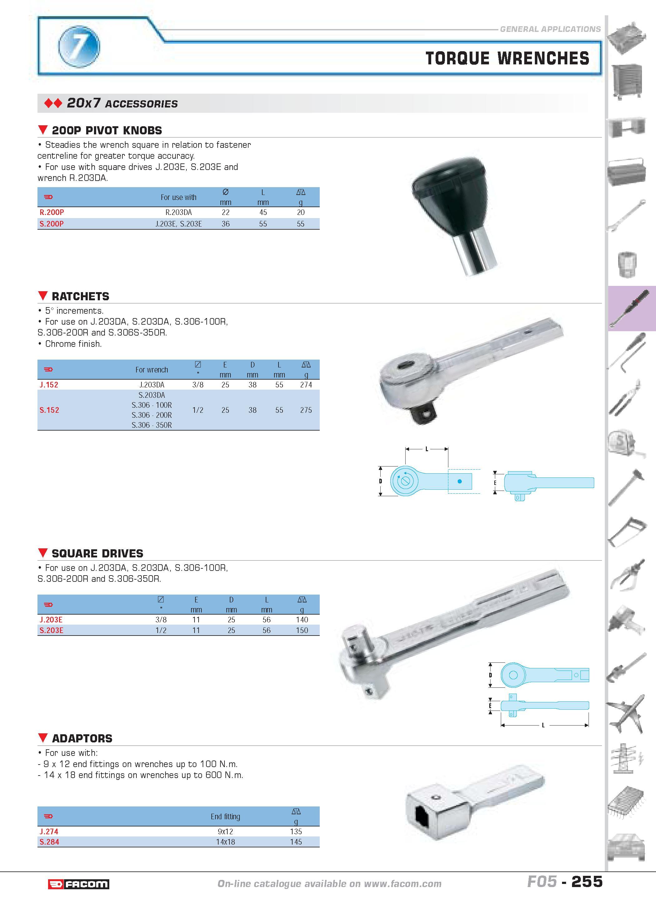 259 9 TORQUE WRENCHES 44 20x7 ACCESSORIES 200P PIVOT KNOBS Steadies the wrench square in relation to fastener centreline for greater torque accuracy Каталог FACOM 2005 Профессиональный ручной инструмент и специальное оборудование для предприятий и мастерских Стр. 255 ENG