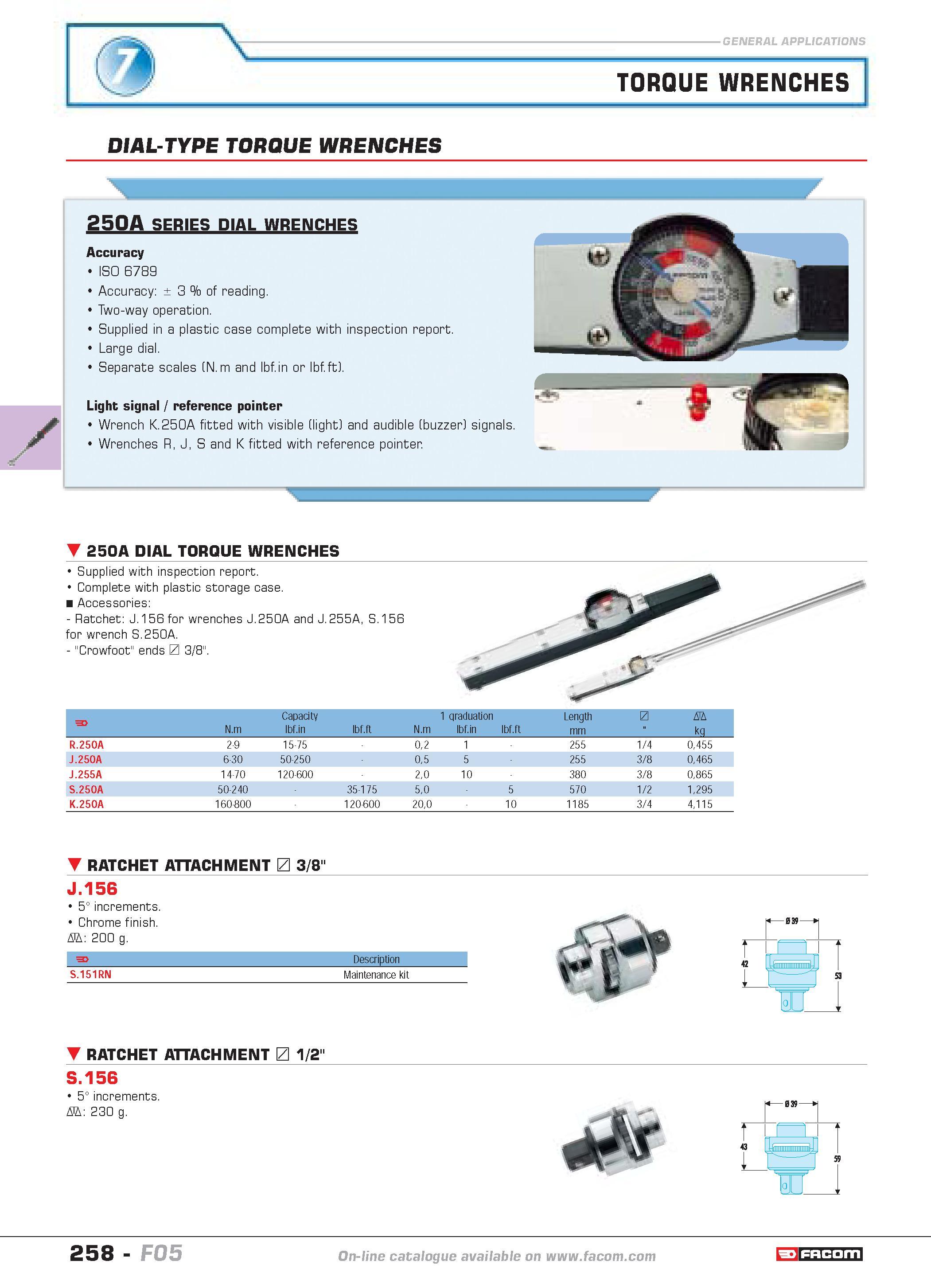 262 TORQUE WRENCHES DIAL-TYPE TORQUE WRENCHES 250A SERIES DIAL WRENCHES Accuracy ISO 6789 Accuracy 3 of reading Two-way operation Supplied in a plast Каталог FACOM 2005 Профессиональный ручной инструмент и специальное оборудование для предприятий и мастерских Стр. 258 ENG