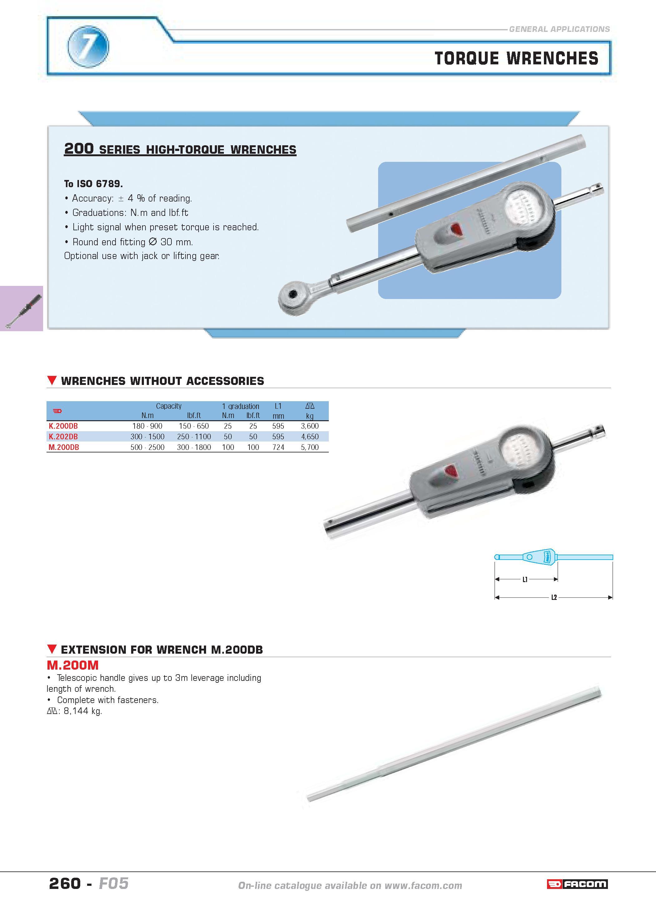 264 TORQUE WRENCHES 200 SERIES HIGH-TORQUE WRENCHES To ISO 6789 Accuracy 4 of reading Graduations N m and lbf ft Light signal when preset torque is r Каталог FACOM 2005 Профессиональный ручной инструмент и специальное оборудование для предприятий и мастерских Стр. 260 ENG