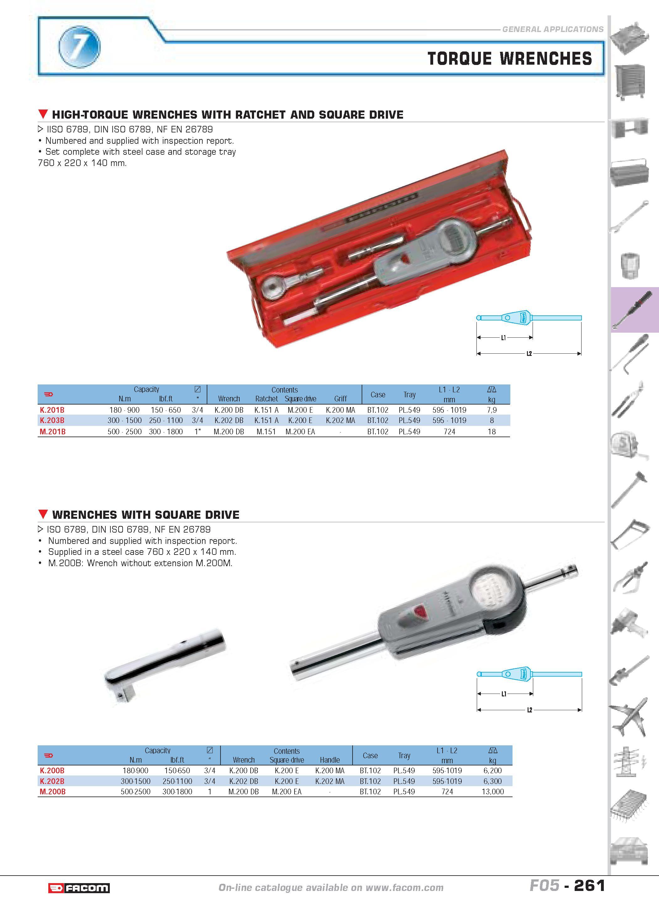 265 TORQUE WRENCHES HIGH-TORQUE WRENCHES WITH RATCHET AND SQUARE DRIVE W IISO 6789 DIN ISO 6789 NF EN 26789 Numbered and supplied with inspection rep Каталог FACOM 2005 Профессиональный ручной инструмент и специальное оборудование для предприятий и мастерских Стр. 261 ENG