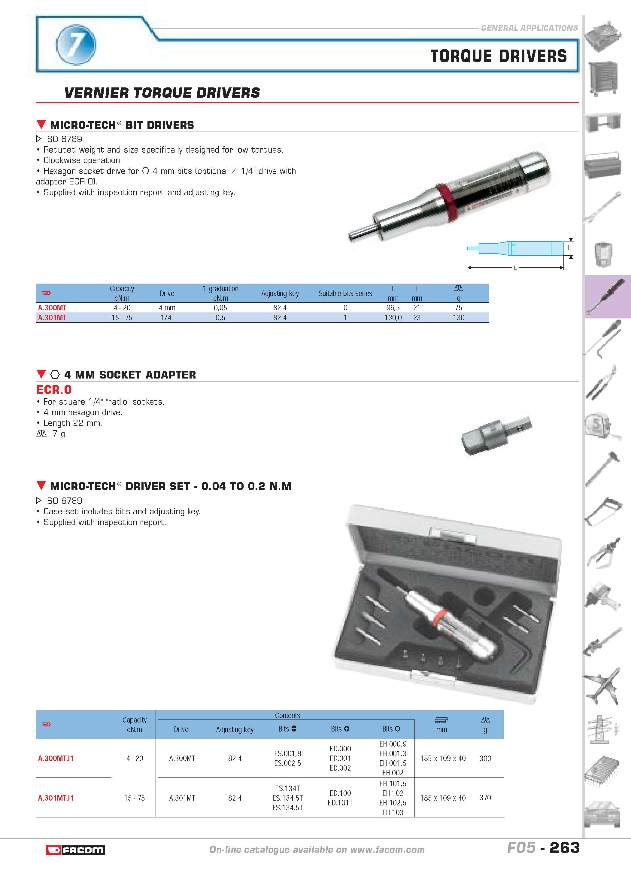 267 9 TORQUE DRIVERS VERNIER TORQUE DRIVERS MICRO-TECH0 BIT DRIVERS W ISO 6789 Reduced weight and size specifically designed for low torques Clockwis Каталог FACOM 2005 Профессиональный ручной инструмент и специальное оборудование для предприятий и мастерских Стр. 263 ENG