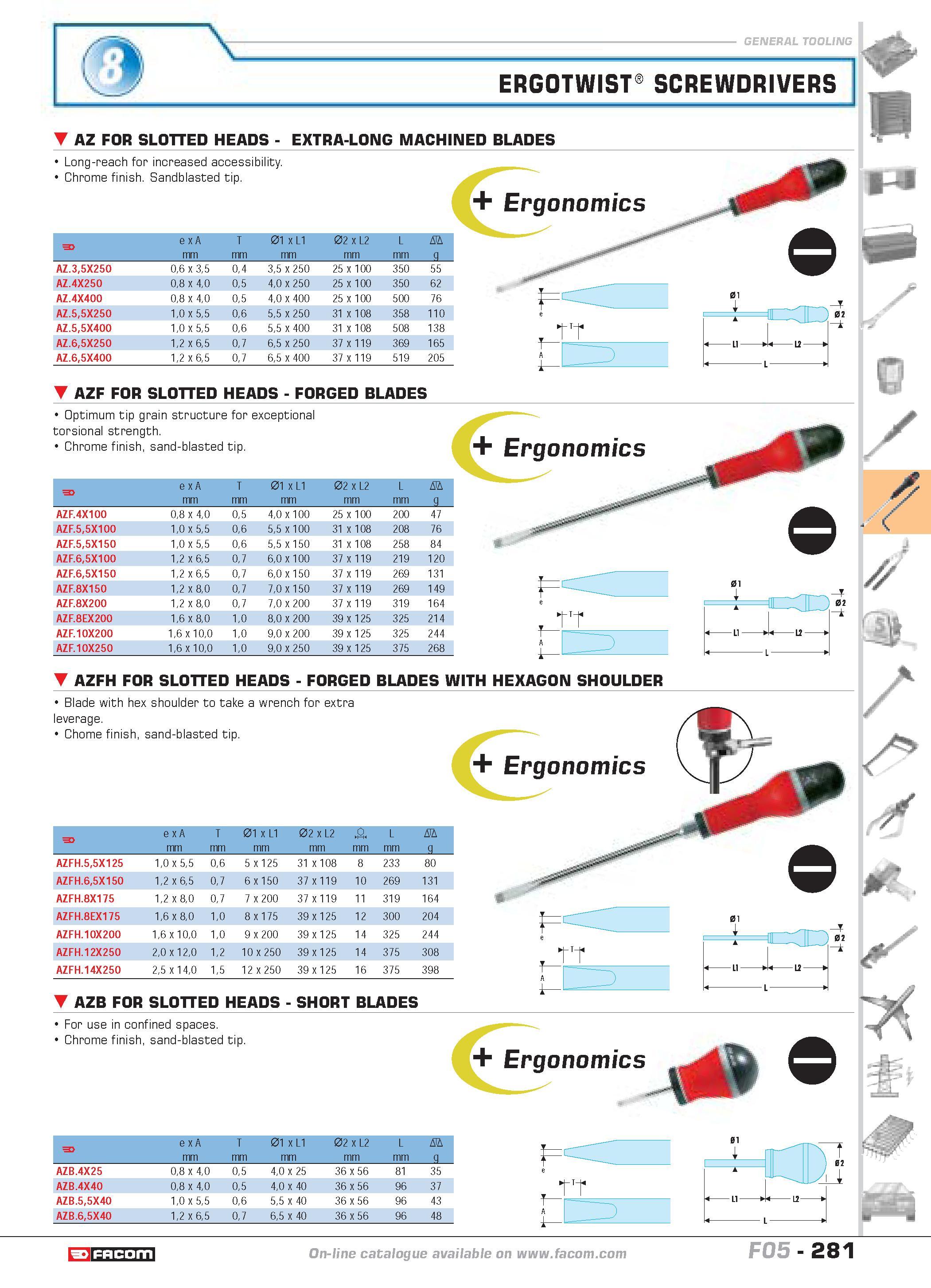 278 ERGOTWIST SCREWDRIVERS p AZ FOR SLOTTED HEADS EXTRA-LONG MACHINED BLADES Long-reach for increased accessibility Chrome finish Sandblasted tip Erg Каталог FACOM 2005 Профессиональный ручной инструмент и специальное оборудование для предприятий и мастерских Стр. 281 ENG