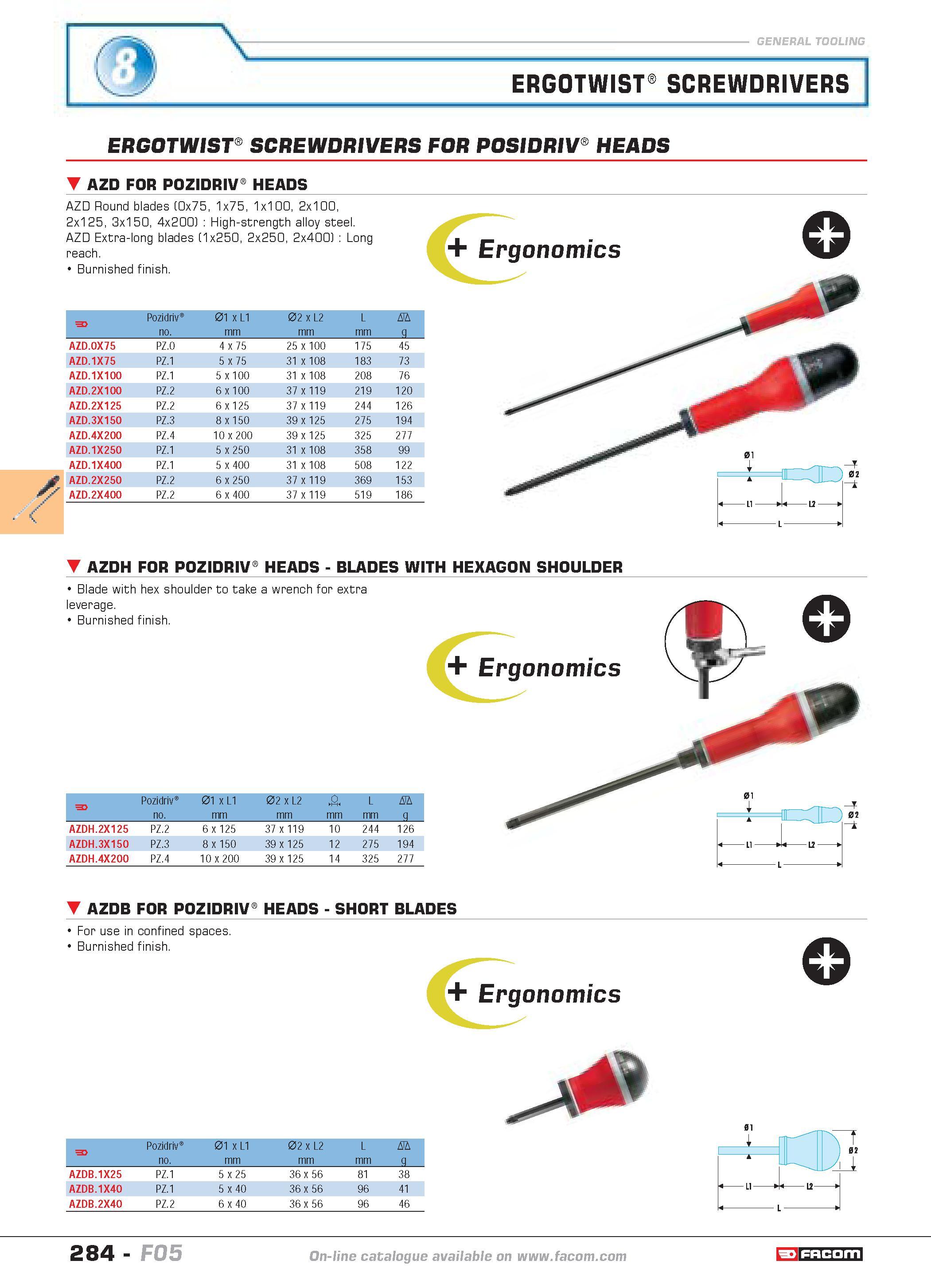 281 ERGOTWISTJ SCREWDRIVERS ERGOTWISTJ SCREWDRIVERS FOR POSIDRIVJ HEADS AZD FOR POZIDRIVJ HEADS AZD Round blades (0x75 1x75 1x100 2x100 2x125 3x150 4 Каталог FACOM 2005 Профессиональный ручной инструмент и специальное оборудование для предприятий и мастерских Стр. 284 ENG