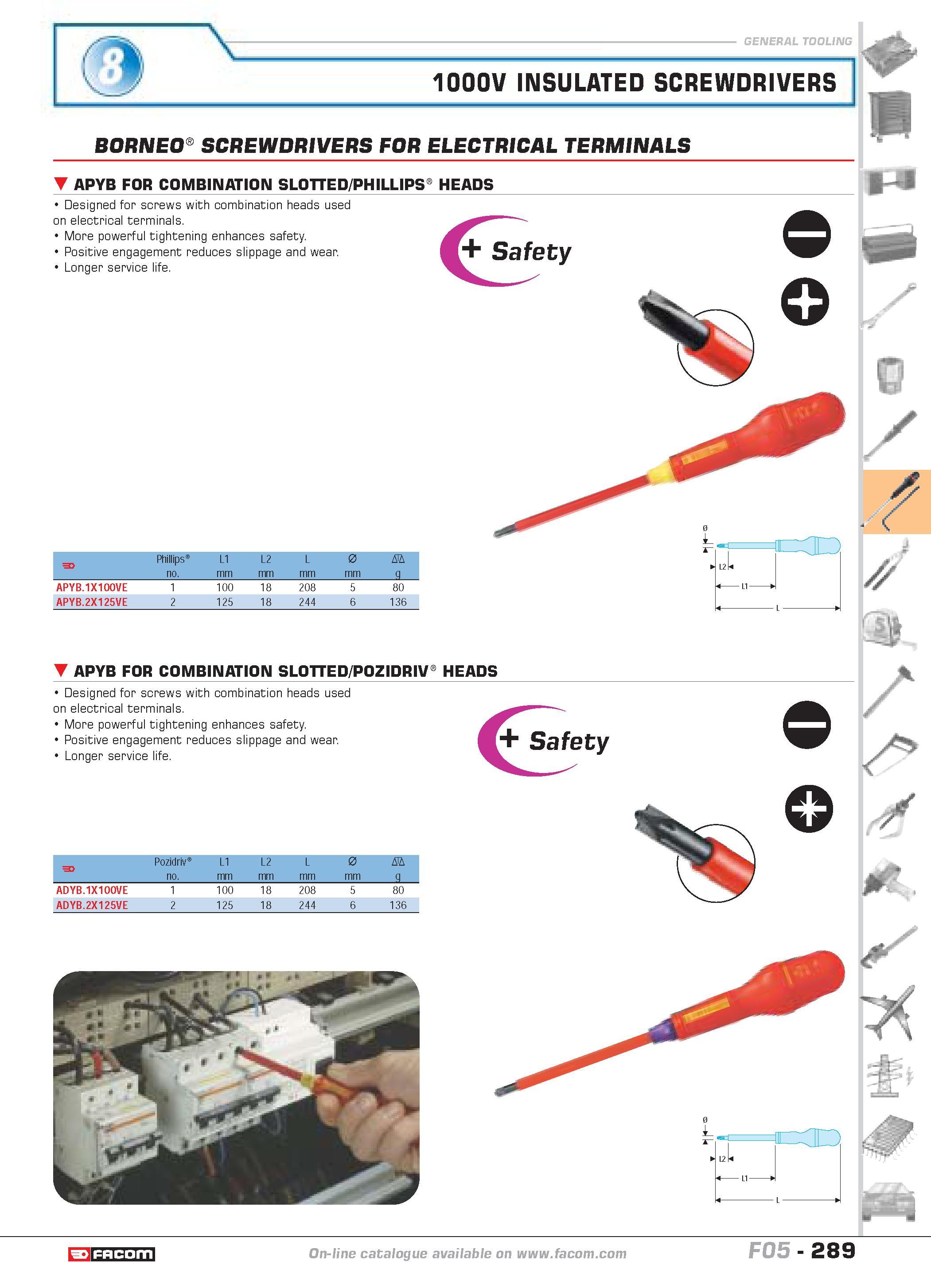 286 1000V INSULATED SCREWDRIVERS BORNEOJ SCREWDRIVERS FOR ELECTRICAL TERMINALS APYB FOR COMBINATION SLOTTED PHILLIPSJ HEADS Designed for screws with Каталог FACOM 2005 Профессиональный ручной инструмент и специальное оборудование для предприятий и мастерских Стр. 289 ENG