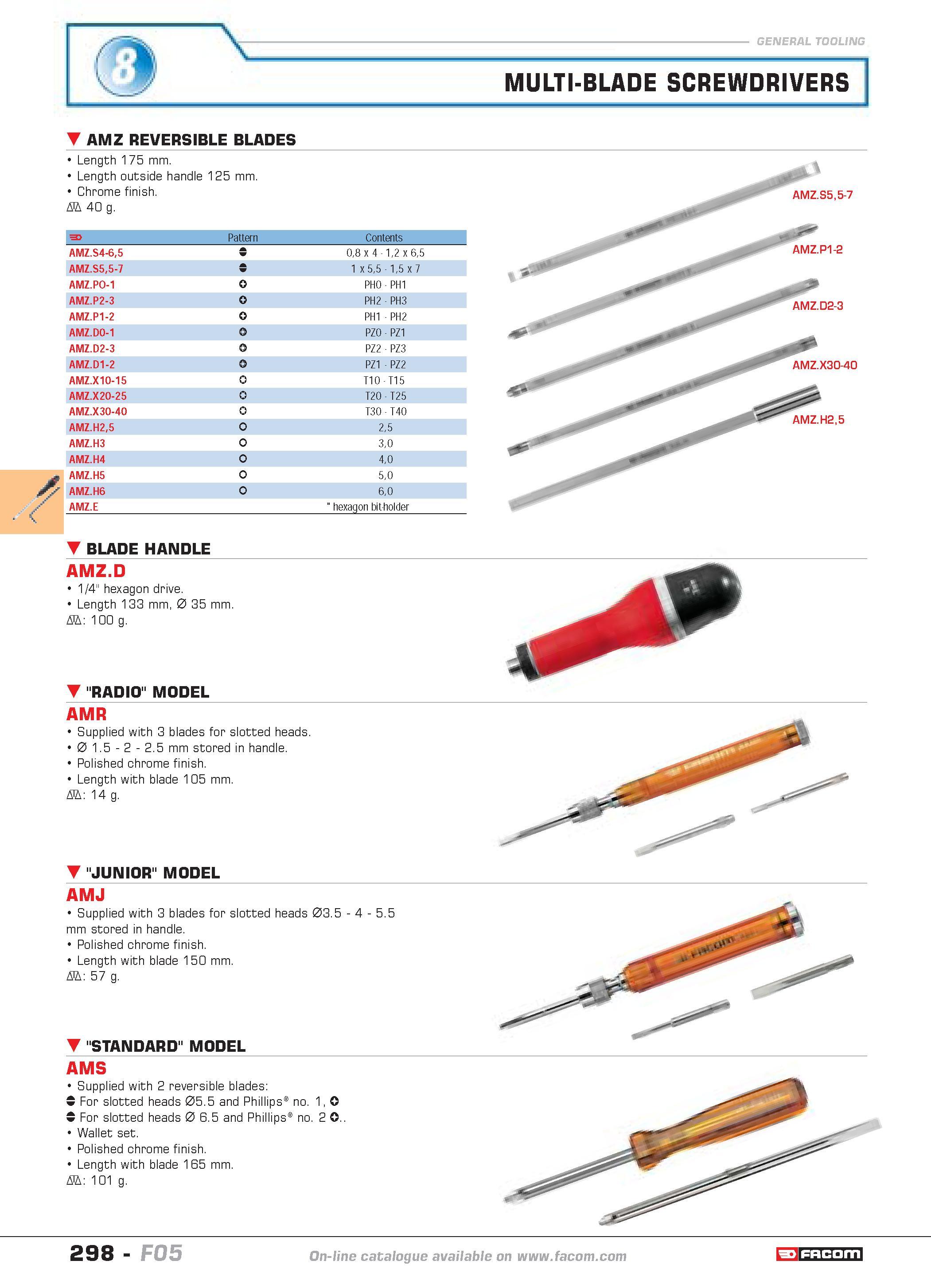 295 MULTI-BLADE SCREWDRIVERS AMZ REVERSIBLE BLADES Length 175 mm Length outside handle 125 mm Chrome finish D 40 g F Pattern Contents AMZ S4-65 08 x Каталог FACOM 2005 Профессиональный ручной инструмент и специальное оборудование для предприятий и мастерских Стр. 298 ENG