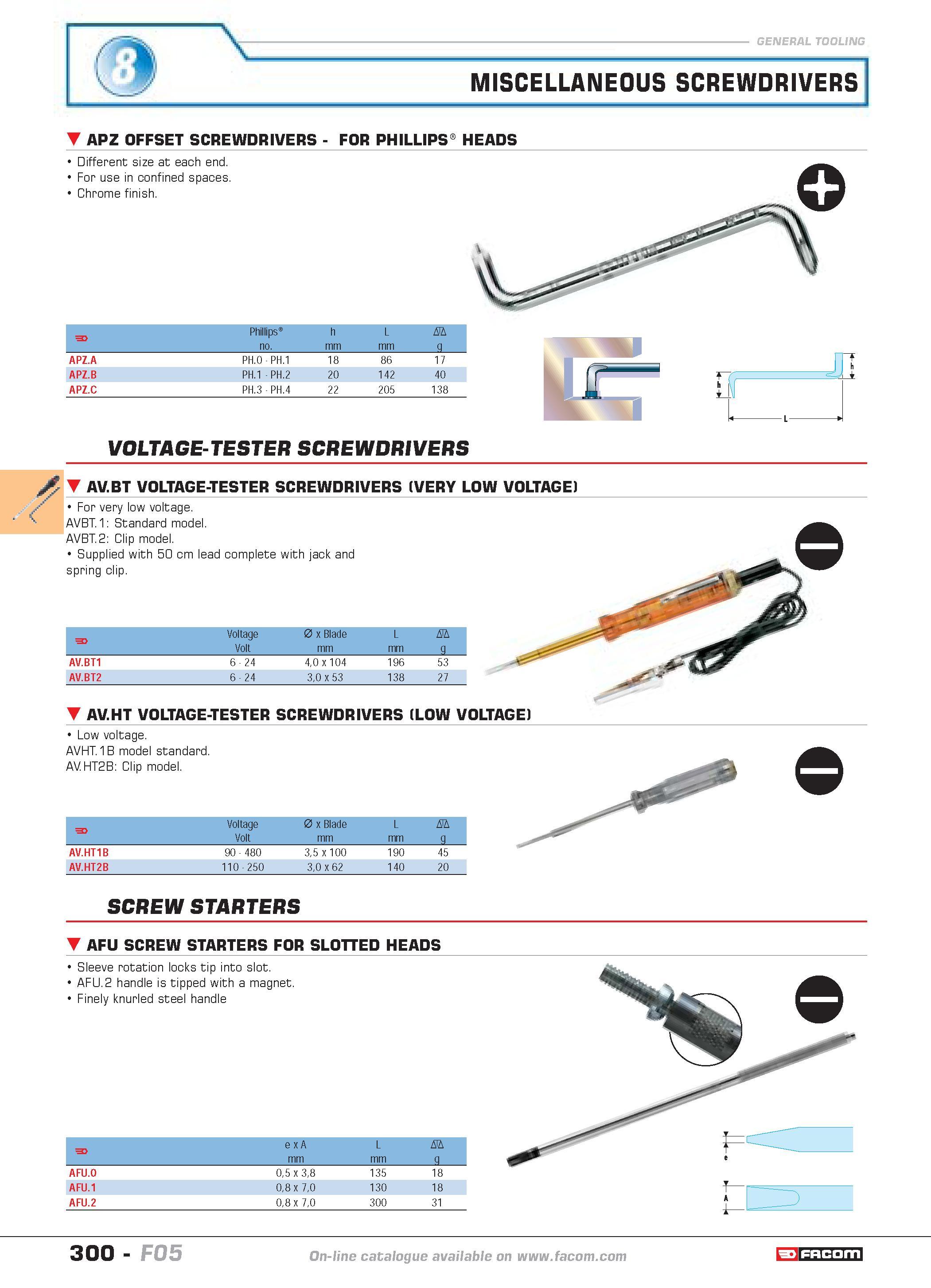 297 MISCELLANEOUS SCREWDRIVERS APZ OFFSET SCREWDRIVERS FOR PHILLIPS HEADS Different size at each end For use in confined spaces Chrome finish Phillip Каталог FACOM 2005 Профессиональный ручной инструмент и специальное оборудование для предприятий и мастерских Стр. 300 ENG