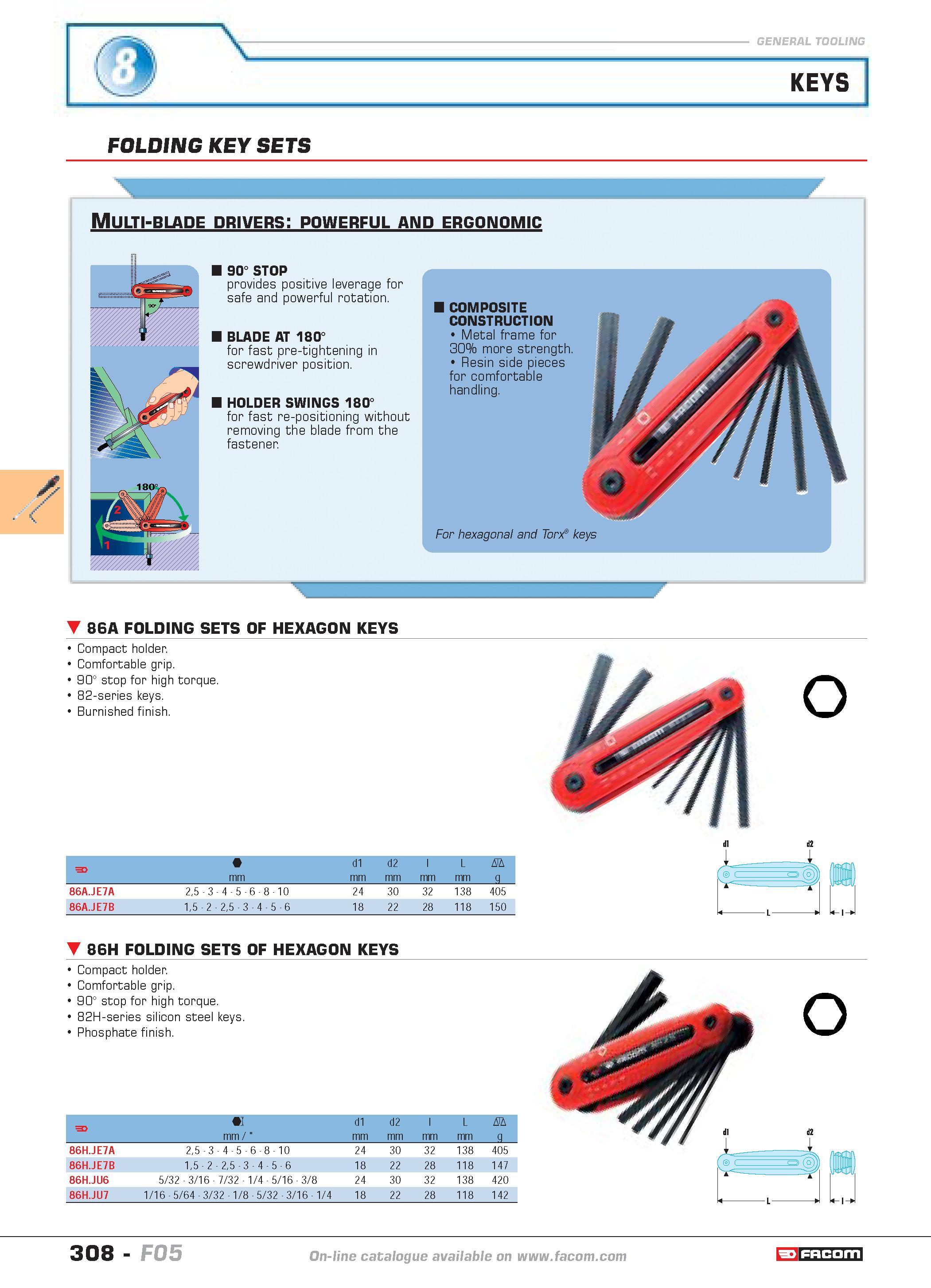 305 KEYS FOLDING KEY SETS WL Multi-blade drivers powerful and ergonomic 90 STOP provides positive leverage for safe and powerful rotation BLADE AT 18 Каталог FACOM 2005 Профессиональный ручной инструмент и специальное оборудование для предприятий и мастерских Стр. 308 ENG