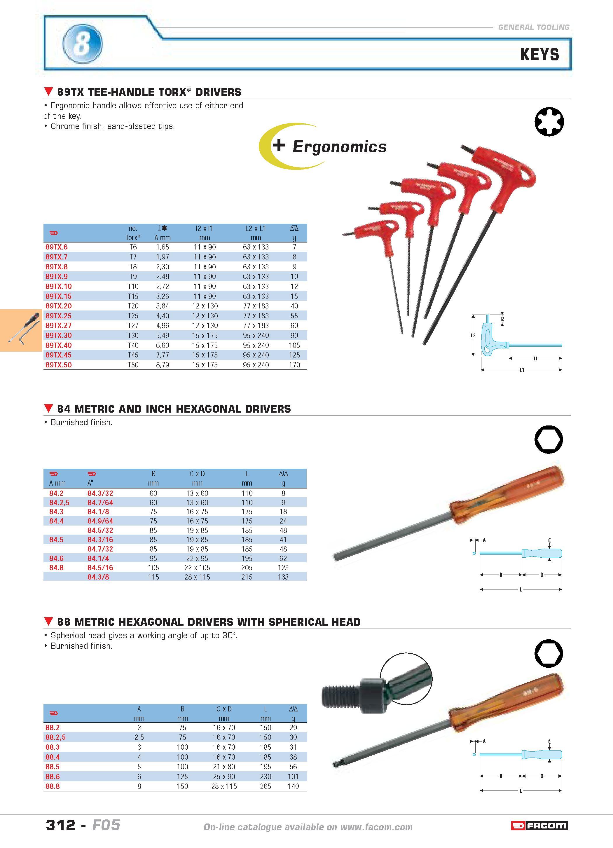 309 KEYS 89TX TEE-HANDLE TORX DRIVERS Ergonomic handle allows effective use of either end of the key Chrome finish sand-blasted tips Ergonomics F no Каталог FACOM 2005 Профессиональный ручной инструмент и специальное оборудование для предприятий и мастерских Стр. 312 ENG