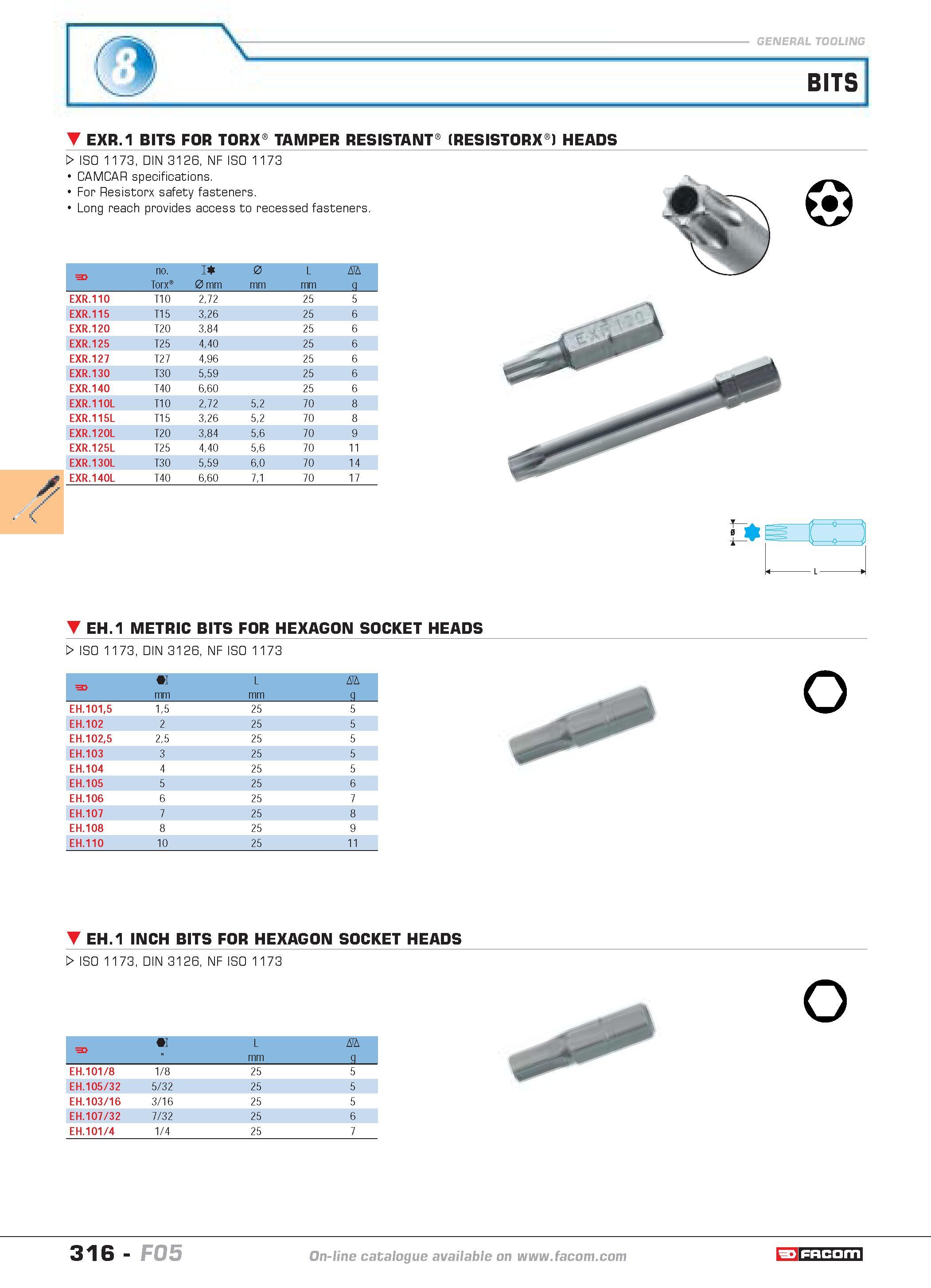 313 BITS EXR 1 BITS FOR TORX TAMPER RESISTANT (RESISTORX ) HEADS W ISO 1173 DIN 3126 NF ISO 1173 CAMCAR specifications For Resistorx safety fasteners Каталог FACOM 2005 Профессиональный ручной инструмент и специальное оборудование для предприятий и мастерских Стр. 316 ENG