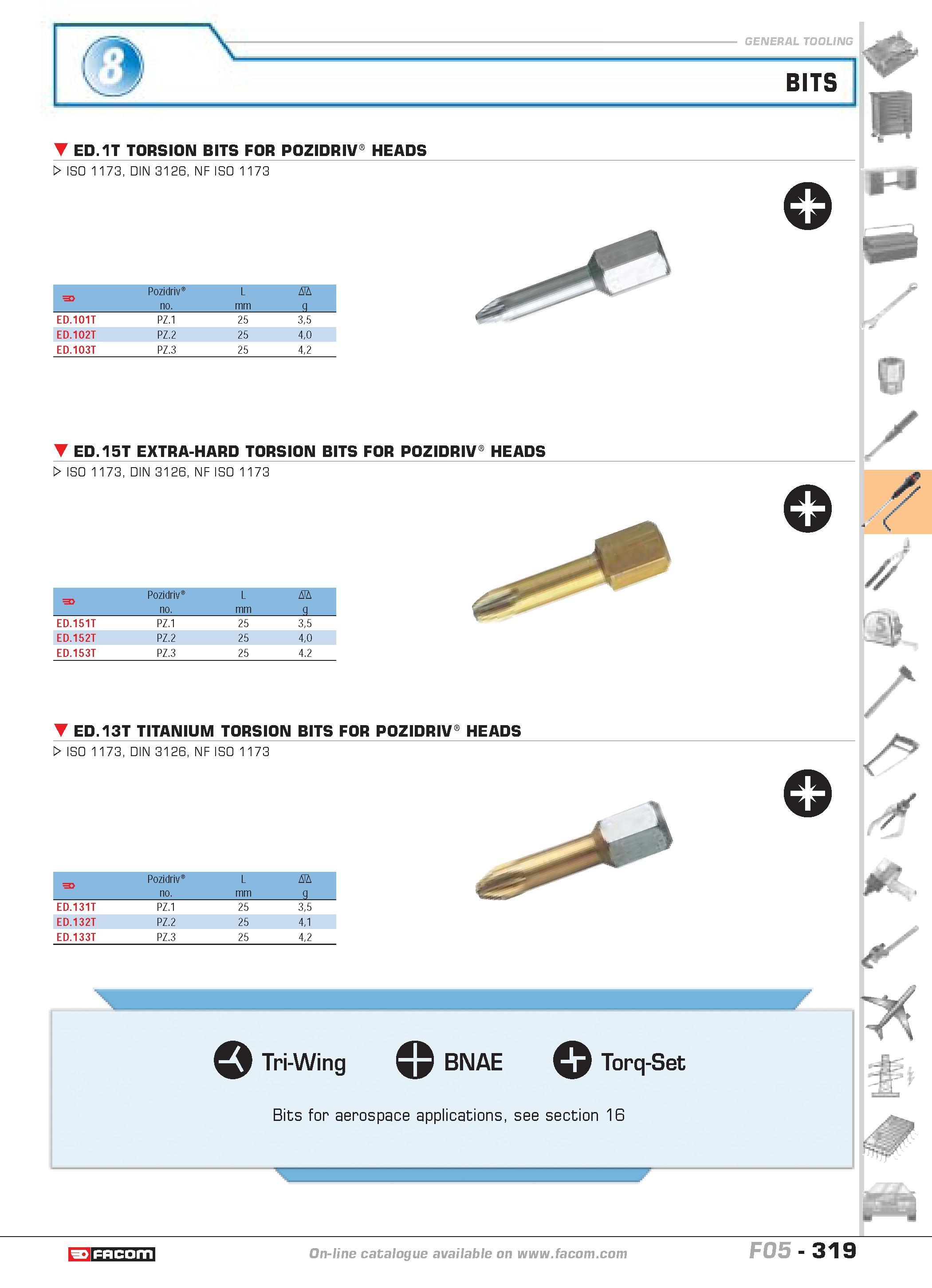 316 BITS ED 1T TORSION BITS FOR POZIDRIV HEADS W ISO 1173 DIN 3126 NF ISO 1173 L D F no mm q ED 101T PZ 1 25 35 ED 102T PZ 2 25 40 ED 103T PZ 3 25 42 Каталог FACOM 2005 Профессиональный ручной инструмент и специальное оборудование для предприятий и мастерских Стр. 319 ENG