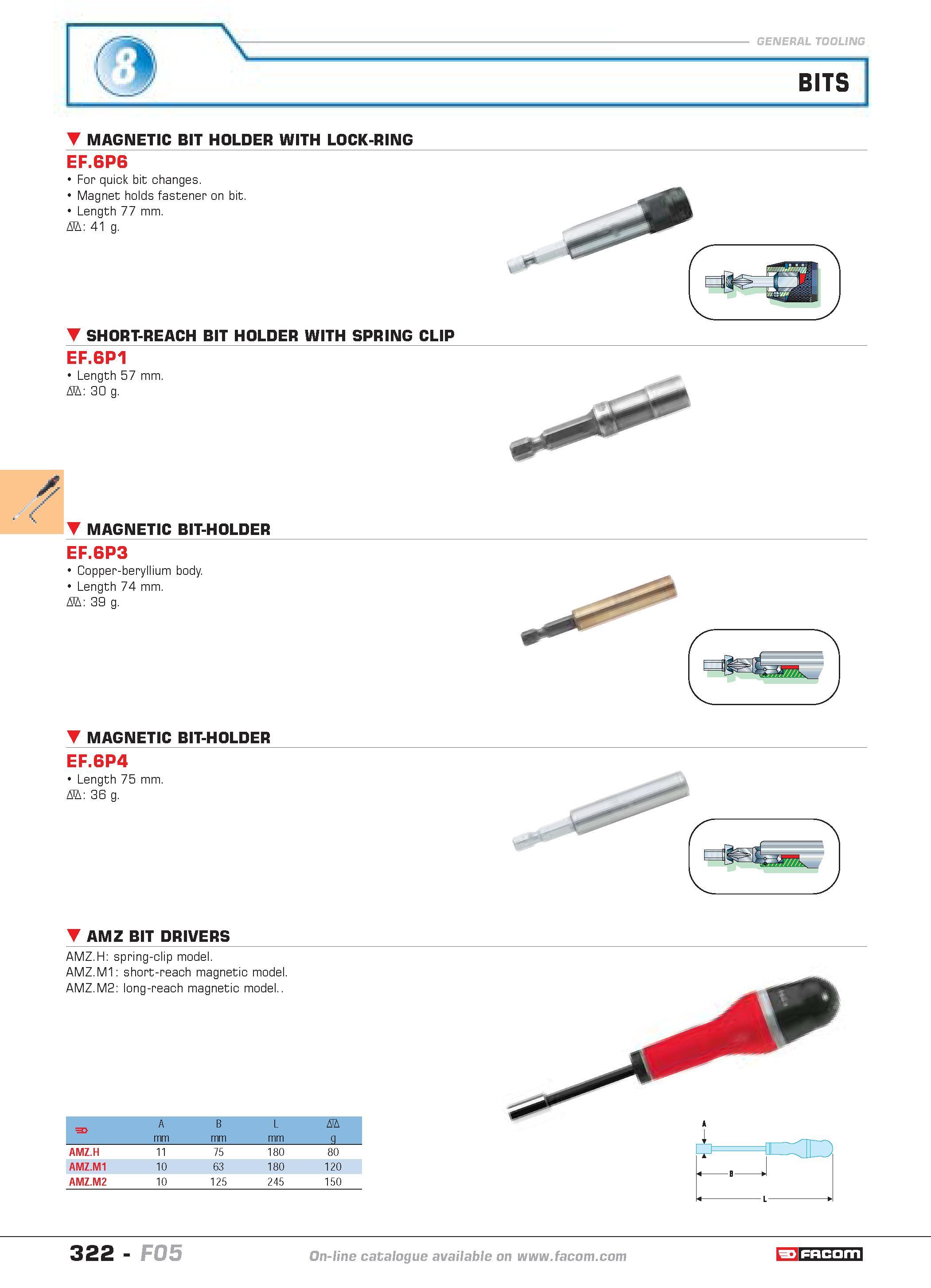 319 BITS MAGNETIC BIT HOLDER WITH LOCK-RING EF 6P6 For quick bit changes Magnet holds fastener on bit Length 77 mm D 41 g SHORT-REACH BIT HOLDER WITH Каталог FACOM 2005 Профессиональный ручной инструмент и специальное оборудование для предприятий и мастерских Стр. 322 ENG