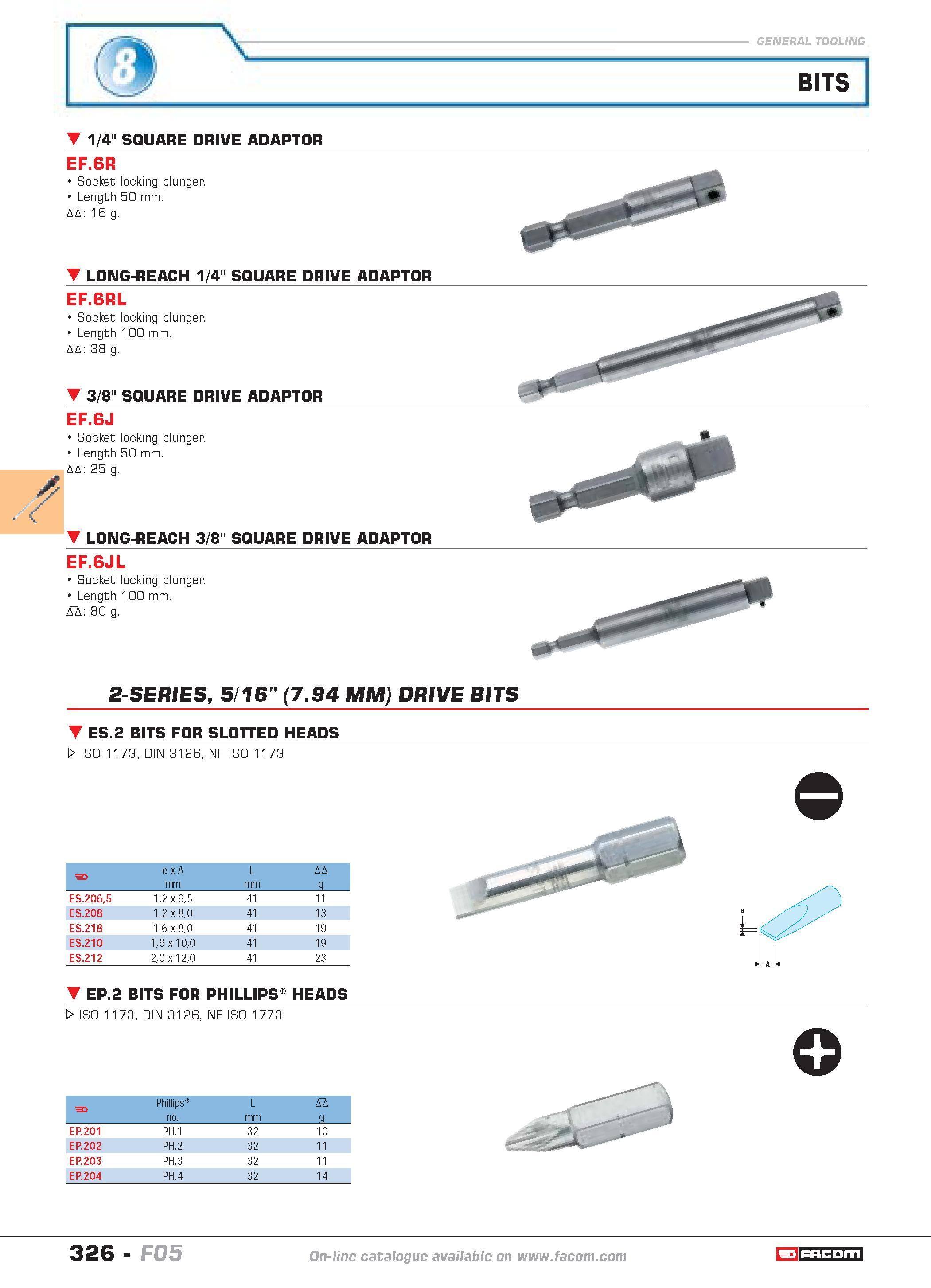 323 BITS 1/4 SQUARE DRIVE ADAPTOR EF 6R Socket locking plunger Length 50 mm D 16 g LONG-REACH 1/4 SQUARE DRIVE ADAPTOR EF 6RL Socket locking plunger Каталог FACOM 2005 Профессиональный ручной инструмент и специальное оборудование для предприятий и мастерских Стр. 326 ENG