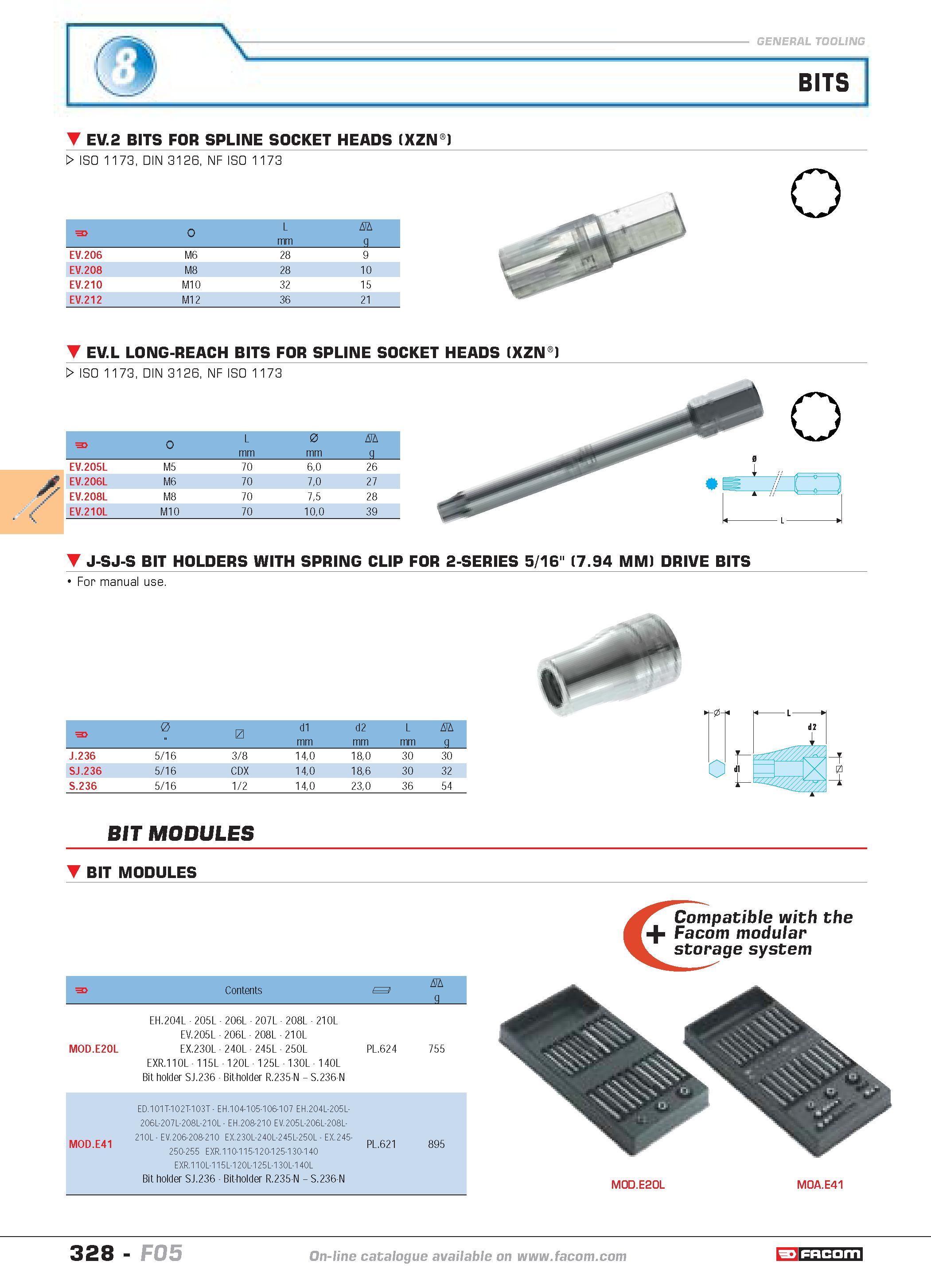 325 BITS EV 2 BITS FOR SPLINE SOCKET HEADS (XZN ) W ISO 1173 DIN 3126 NF ISO 1173 o EV L LONG-REACH BITS FOR SPLINE SOCKET HEADS (XZN ) W ISO 1173 DI Каталог FACOM 2005 Профессиональный ручной инструмент и специальное оборудование для предприятий и мастерских Стр. 328 ENG