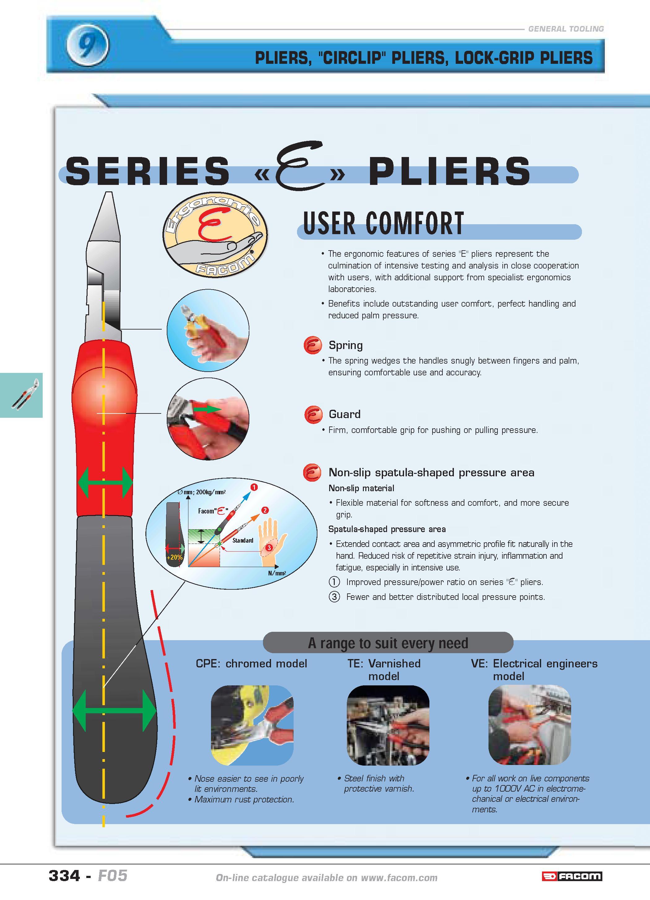 331 PLIERS CIRCLIP PLIERS LOCK-GRIP PLIERS s' SERIES E PLIERS USER COMFORT The ergonomic features of series E pliers represent the culmination of int Каталог FACOM 2005 Профессиональный ручной инструмент и специальное оборудование для предприятий и мастерских Стр. 334 ENG