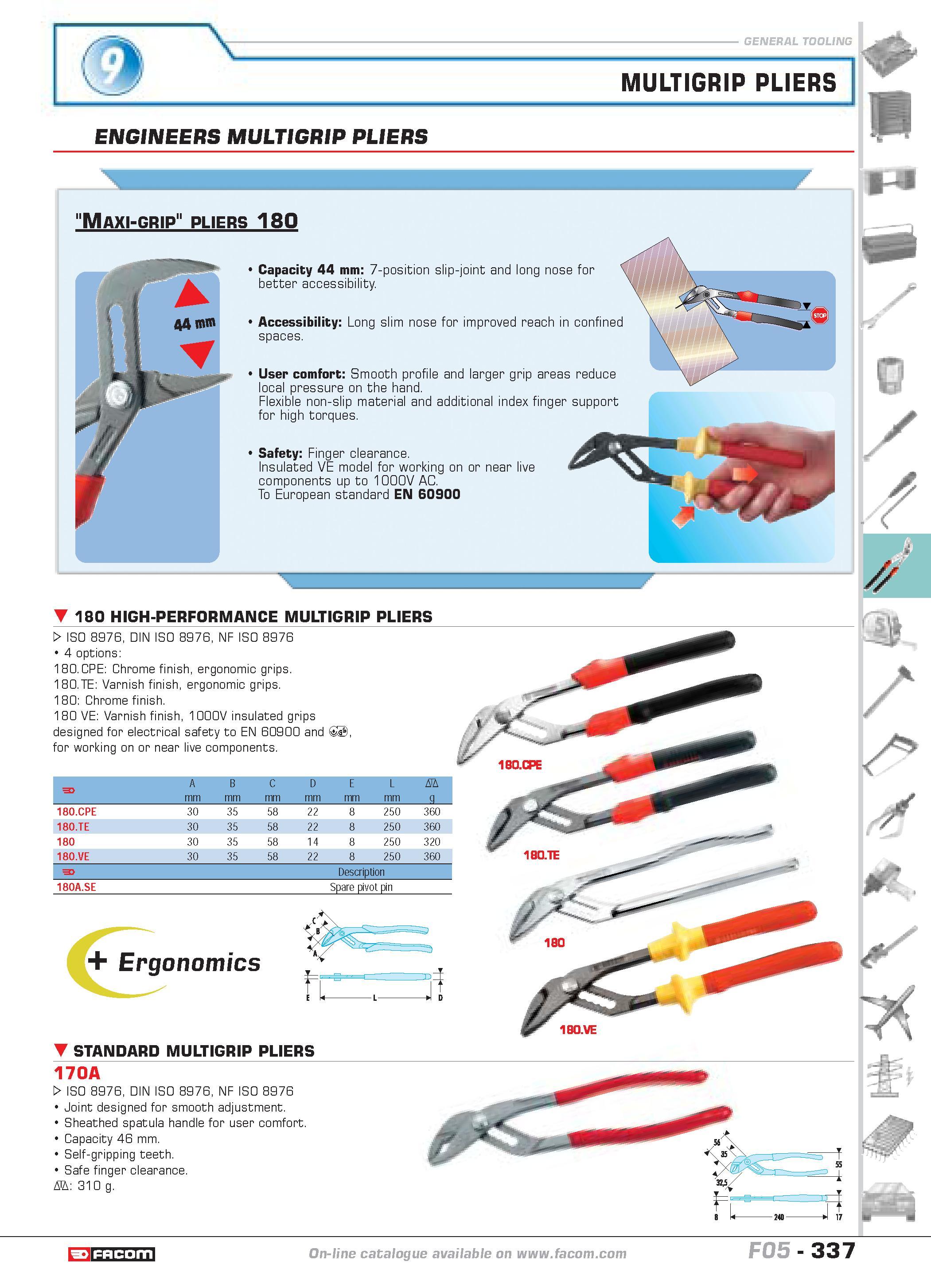 334 MULTIGRIP PLIERS P H ENGINEERS MULTIGRIP PLIERS Maxi-grip pliers 180 Capacity 44 mm 7-position slip-joint and long nose for better accessibility Каталог FACOM 2005 Профессиональный ручной инструмент и специальное оборудование для предприятий и мастерских Стр. 337 ENG