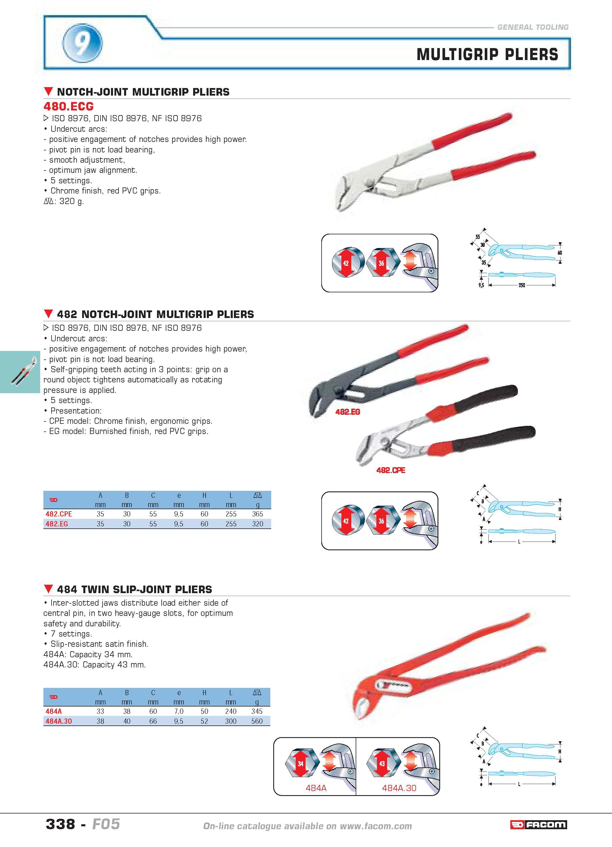 335 MULTIGRIP PLIERS NOTCH-JOINT MULTIGRIP PLIERS 480 ECG W ISO 8976 DIN ISO 8976 NF ISO 8976 Undercut arcs positive engagement of notches provides h Каталог FACOM 2005 Профессиональный ручной инструмент и специальное оборудование для предприятий и мастерских Стр. 338 ENG