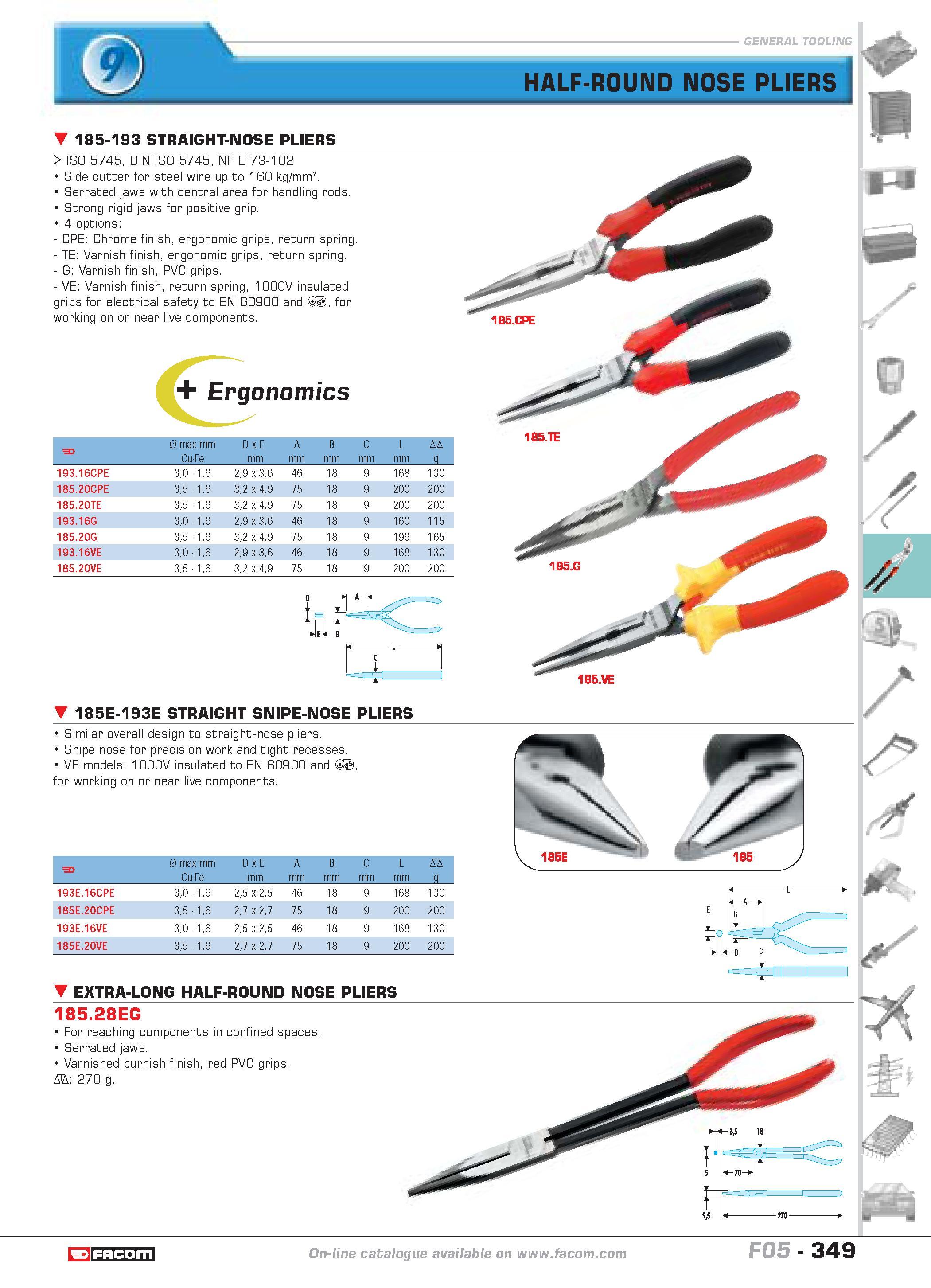 346 HALF-ROUND NOSE PLIERS 185-193 STRAIGHT-NOSE PLIERS W ISO 5745 DIN ISO 5745 NF E 73-102 Side cutter for steel wire up to 160 kg mmz Serrated jaws Каталог FACOM 2005 Профессиональный ручной инструмент и специальное оборудование для предприятий и мастерских Стр. 349 ENG