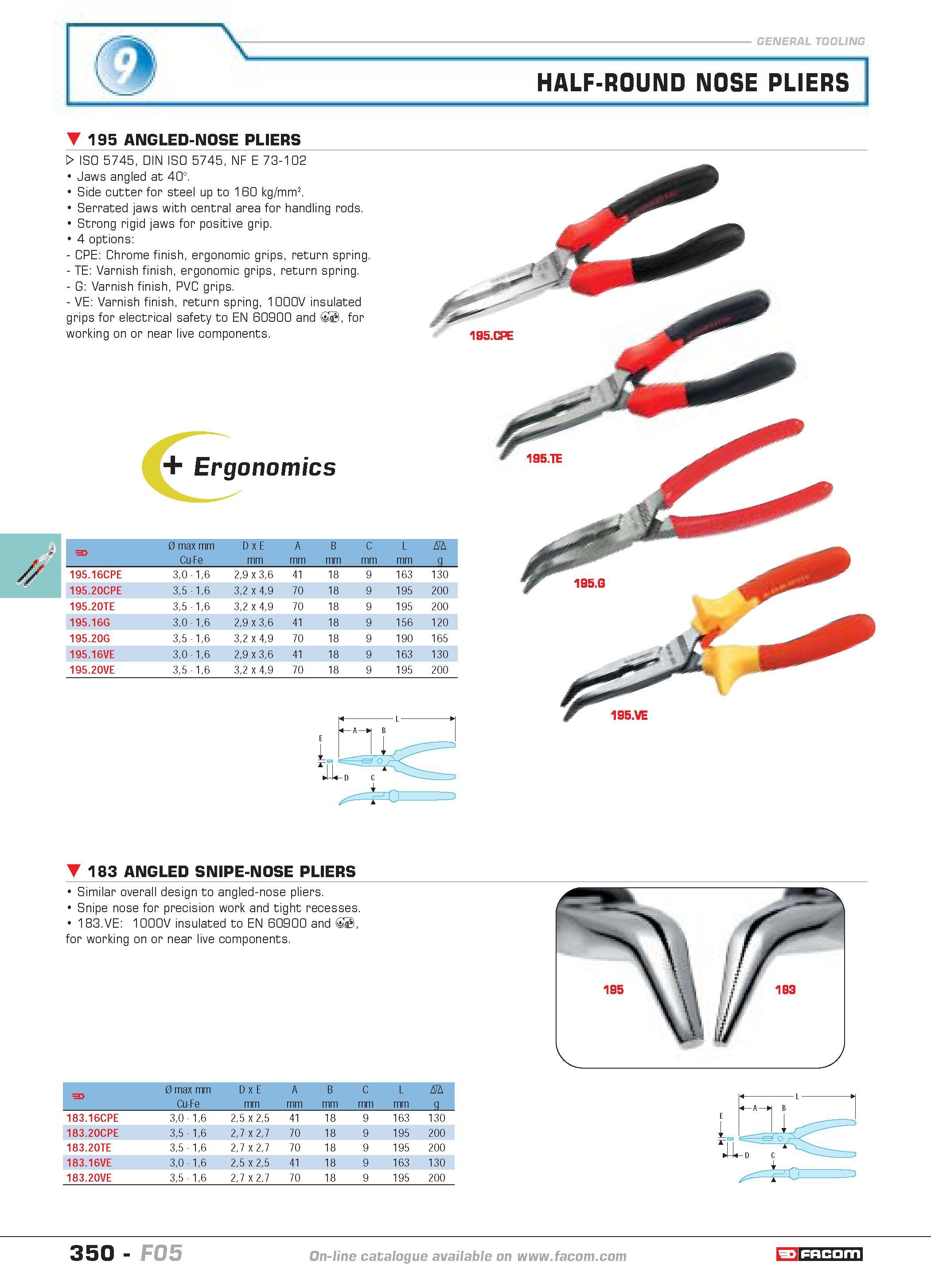 347 HALF-ROUND NOSE PLIERS 195 ANGLED-NOSE PLIERS W ISO 5745 DIN ISO 5745 NF E 73-102 Jaws angled at 40 Side cutter for steel up to 160 kg mm2 Serrat Каталог FACOM 2005 Профессиональный ручной инструмент и специальное оборудование для предприятий и мастерских Стр. 350 ENG