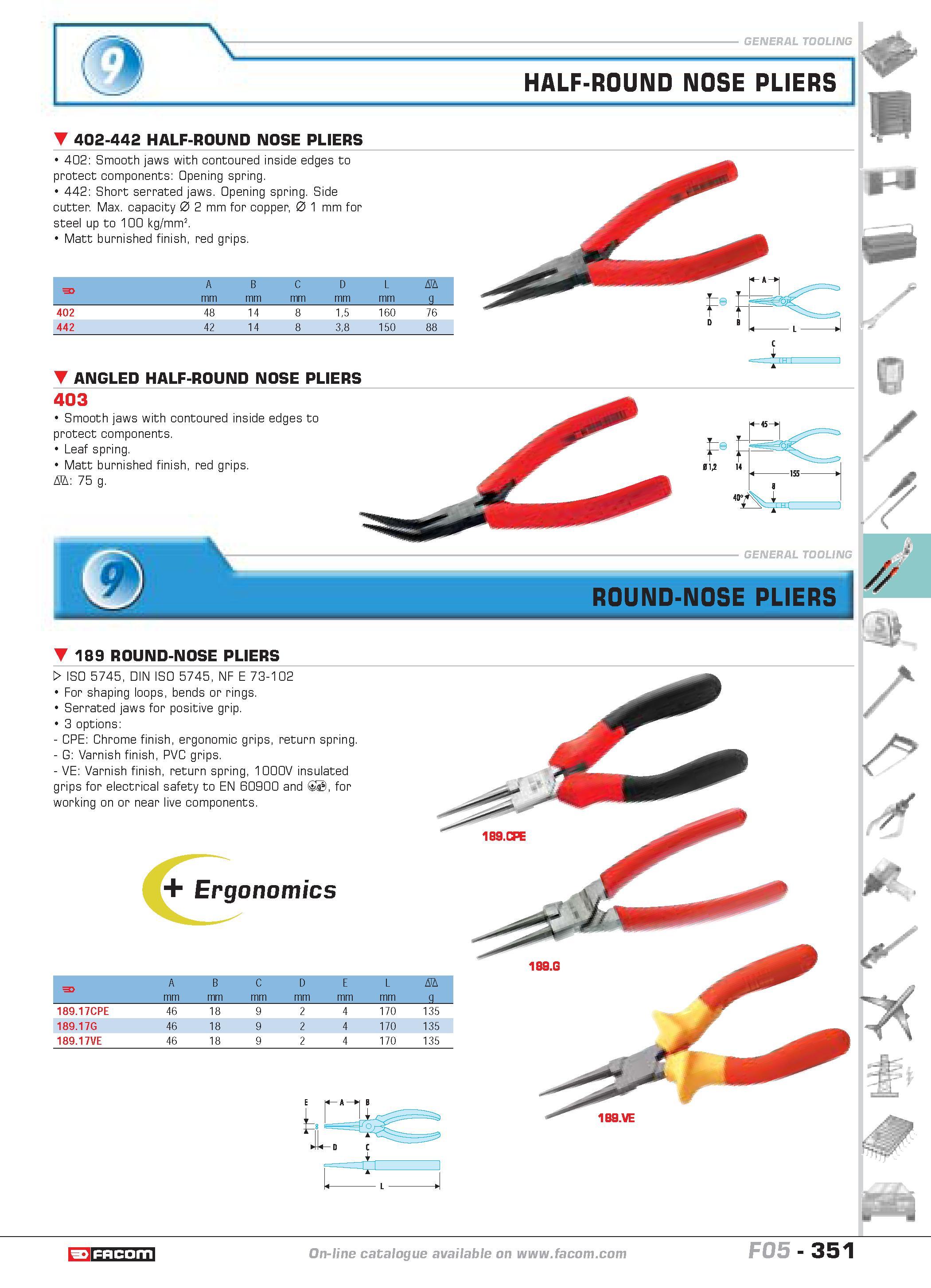 348 HALF-ROUND NOSE PLIERS 402-442 HALF-ROUND NOSE PLIERS 402 Smooth jaws with contoured inside edges to protect components Opening spring 442 Short Каталог FACOM 2005 Профессиональный ручной инструмент и специальное оборудование для предприятий и мастерских Стр. 351 ENG