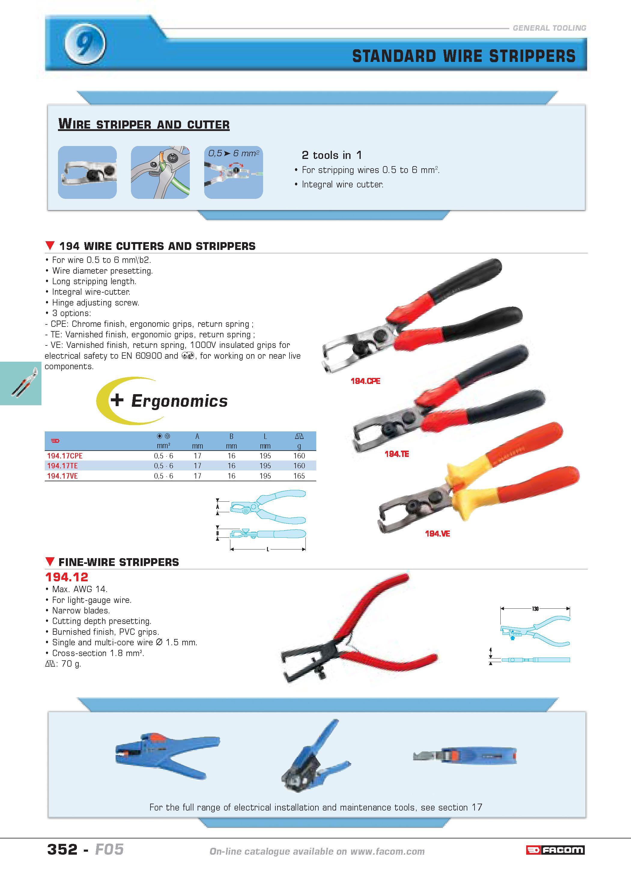 349 STANDARD WIRE STRIPPERS W 194 WIRE CUTTERS AND STRIPPERS For wire 05 to 6 mm 'b2 Wire diameter presetting Long stripping length Integral wire-cut Каталог FACOM 2005 Профессиональный ручной инструмент и специальное оборудование для предприятий и мастерских Стр. 352 ENG