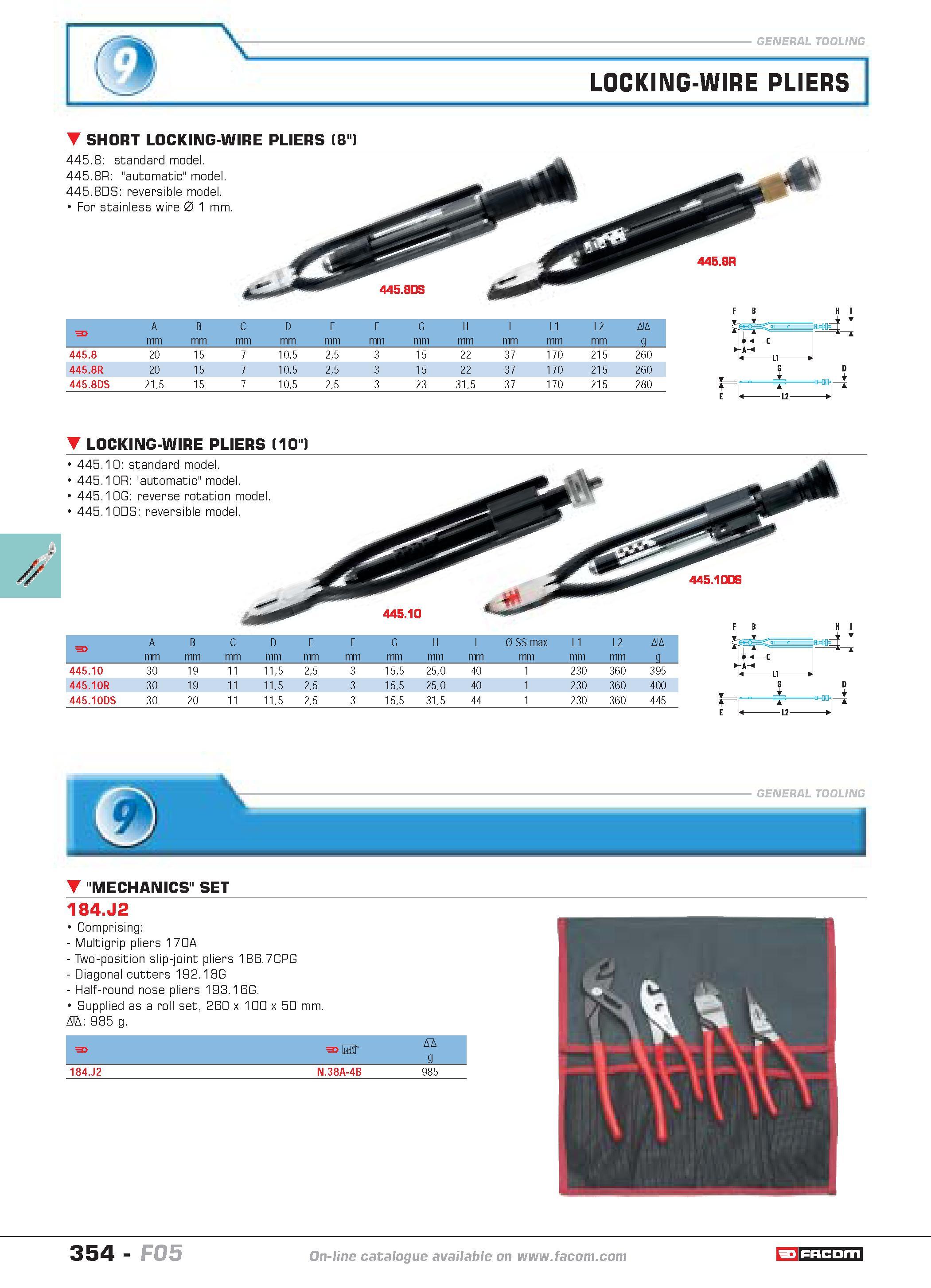 351 LOCKING-WIRE PLIERS SHORT LOCKING-WIRE PLIERS (8 ) 445 8 standard model 445 8R automatic model 445 8DS reversible model For stainless wire 0 1 mm Каталог FACOM 2005 Профессиональный ручной инструмент и специальное оборудование для предприятий и мастерских Стр. 354 ENG