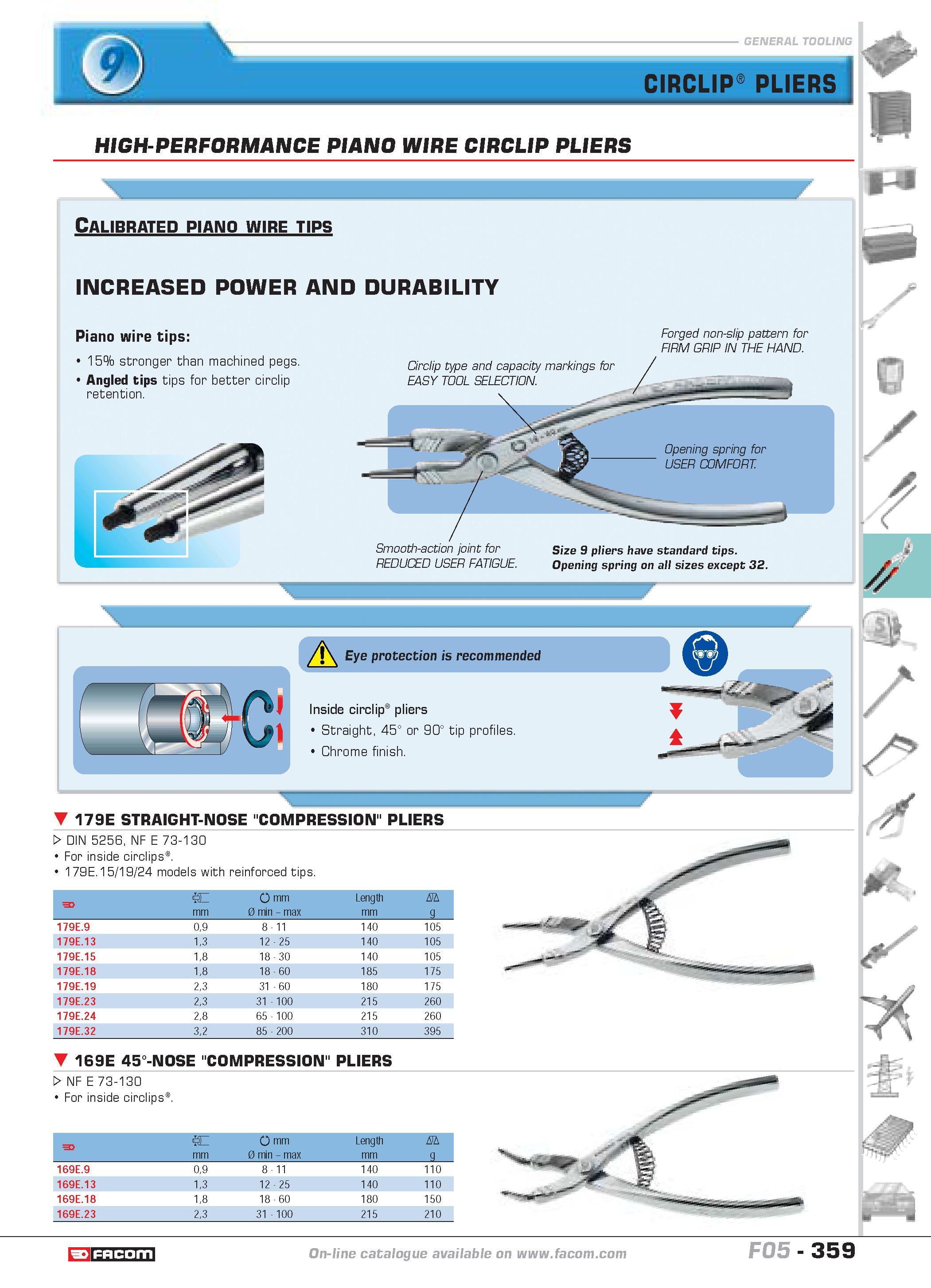 356 W DIN 5256 NF E 73-130 For inside circlips 179E 15 19 24 models with reinforced tips F W mm d mm 0 min max Length mm D g 179E 9 09 8 11 140 105 1 Каталог FACOM 2005 Профессиональный ручной инструмент и специальное оборудование для предприятий и мастерских Стр. 359 ENG