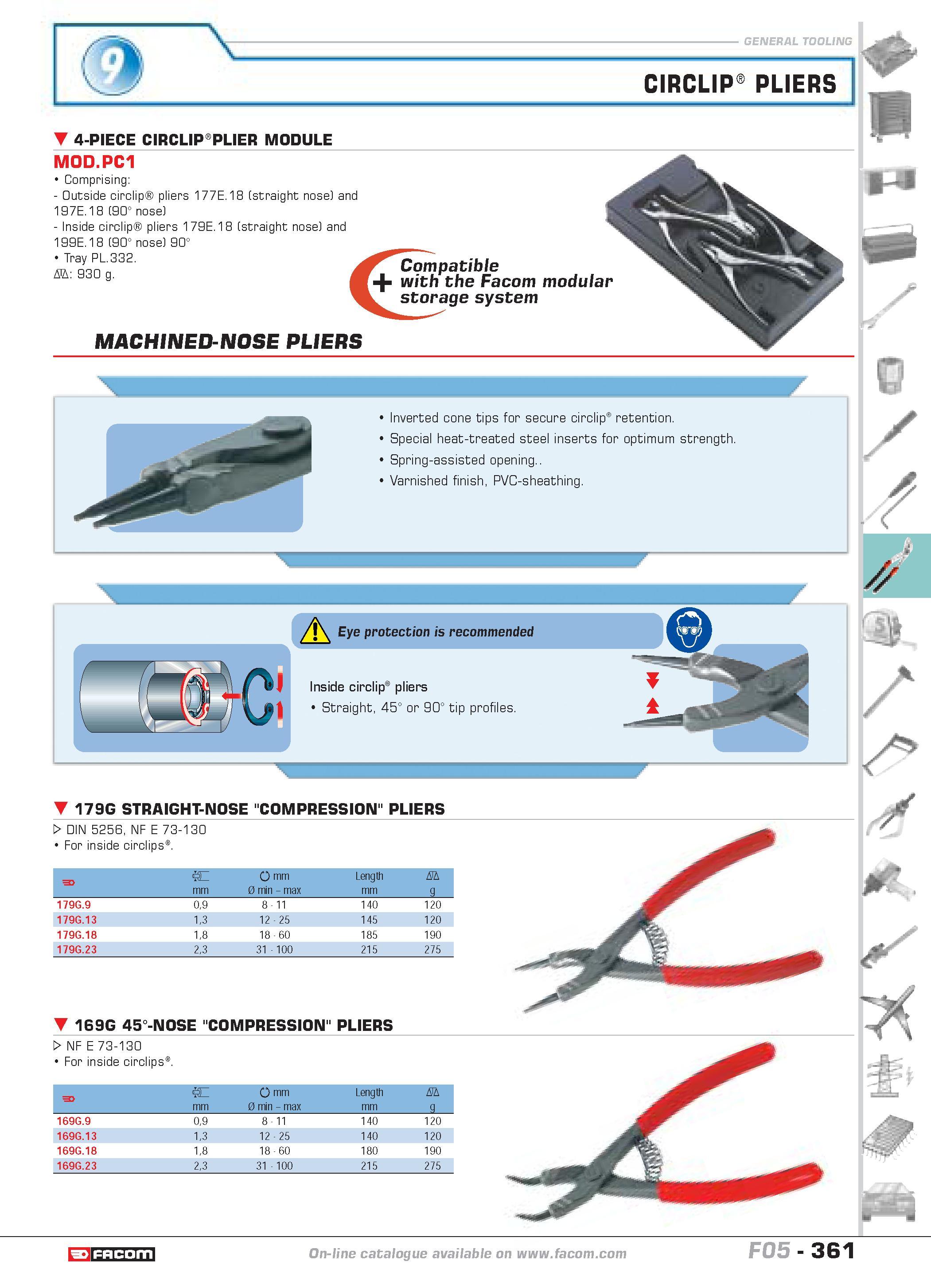 358 CIRCLIP PLIERS 4-PIECE CIRCLIP PLIER MODULE MOD PC1 Comprising Outside circlip pliers 177E 18 (straight nose) and 197E 18 (90 nose) Inside circli Каталог FACOM 2005 Профессиональный ручной инструмент и специальное оборудование для предприятий и мастерских Стр. 361 ENG