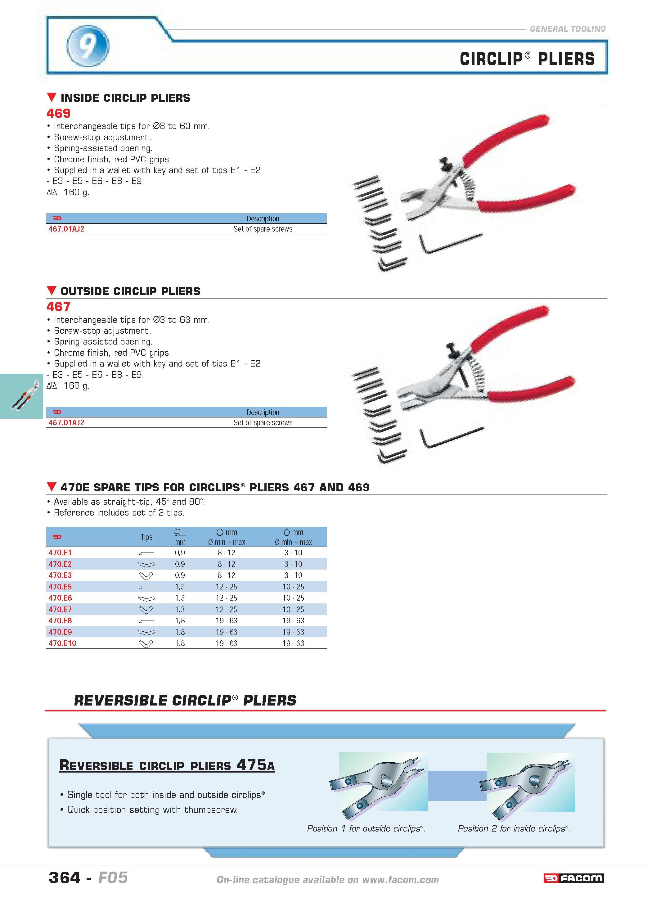 361 CIRCLIP PLIERS INSIDE CIRCLIP PLIERS 469 Interchangeable tips for 08 to 63 mm Screw-stop adjustment Spring-assisted opening Chrome finish red PVC Каталог FACOM 2005 Профессиональный ручной инструмент и специальное оборудование для предприятий и мастерских Стр. 364 ENG