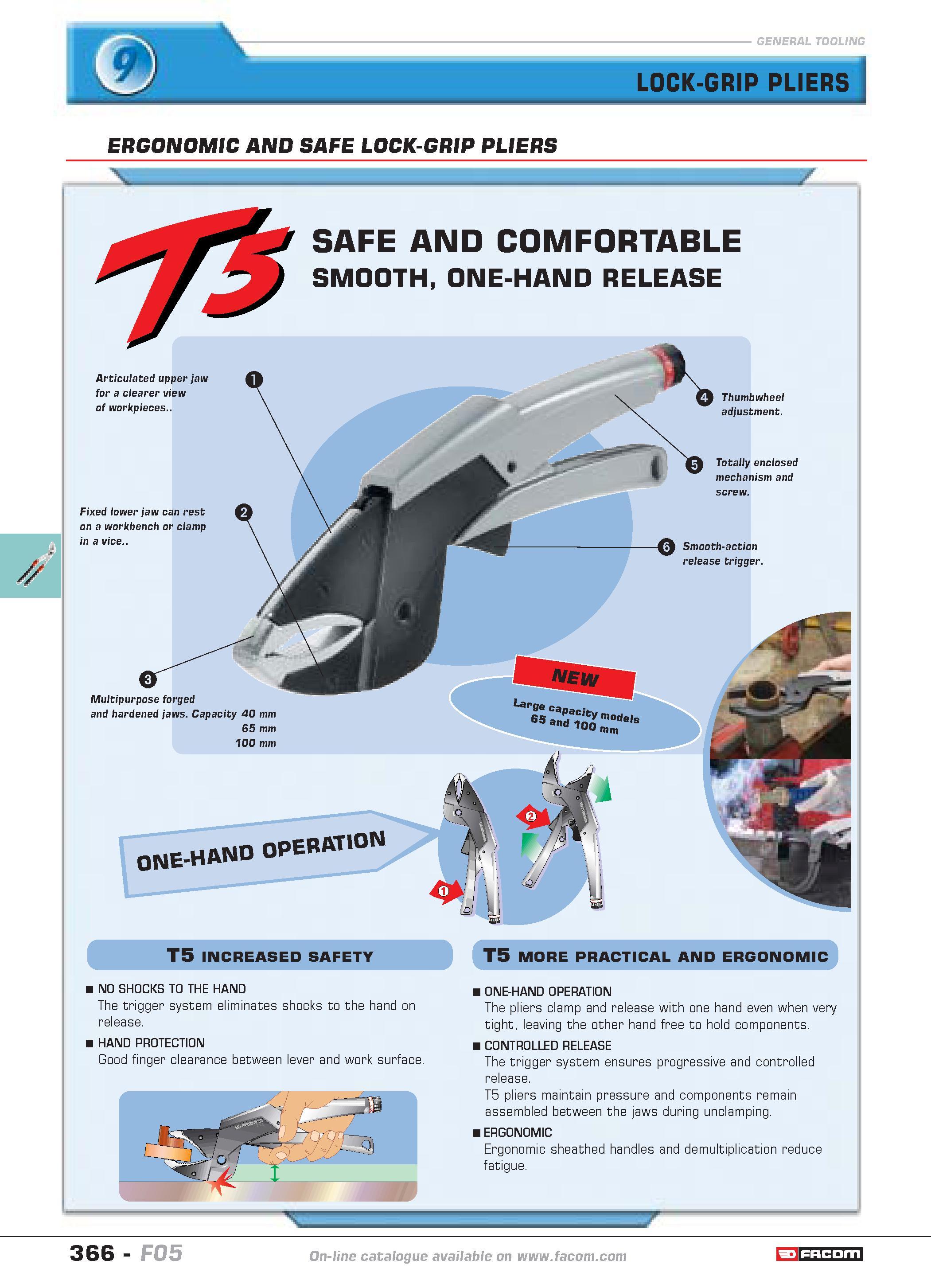 363 LOCK-GRIP PLIERS ERGONOMIC AND SAFE LOCK-GRIP PLIERS cr SAFE AND COMFORTABLE SMOOTH ONE-HAND RELEASE Articulated upper jaw for a clearer view of Каталог FACOM 2005 Профессиональный ручной инструмент и специальное оборудование для предприятий и мастерских Стр. 366 ENG
